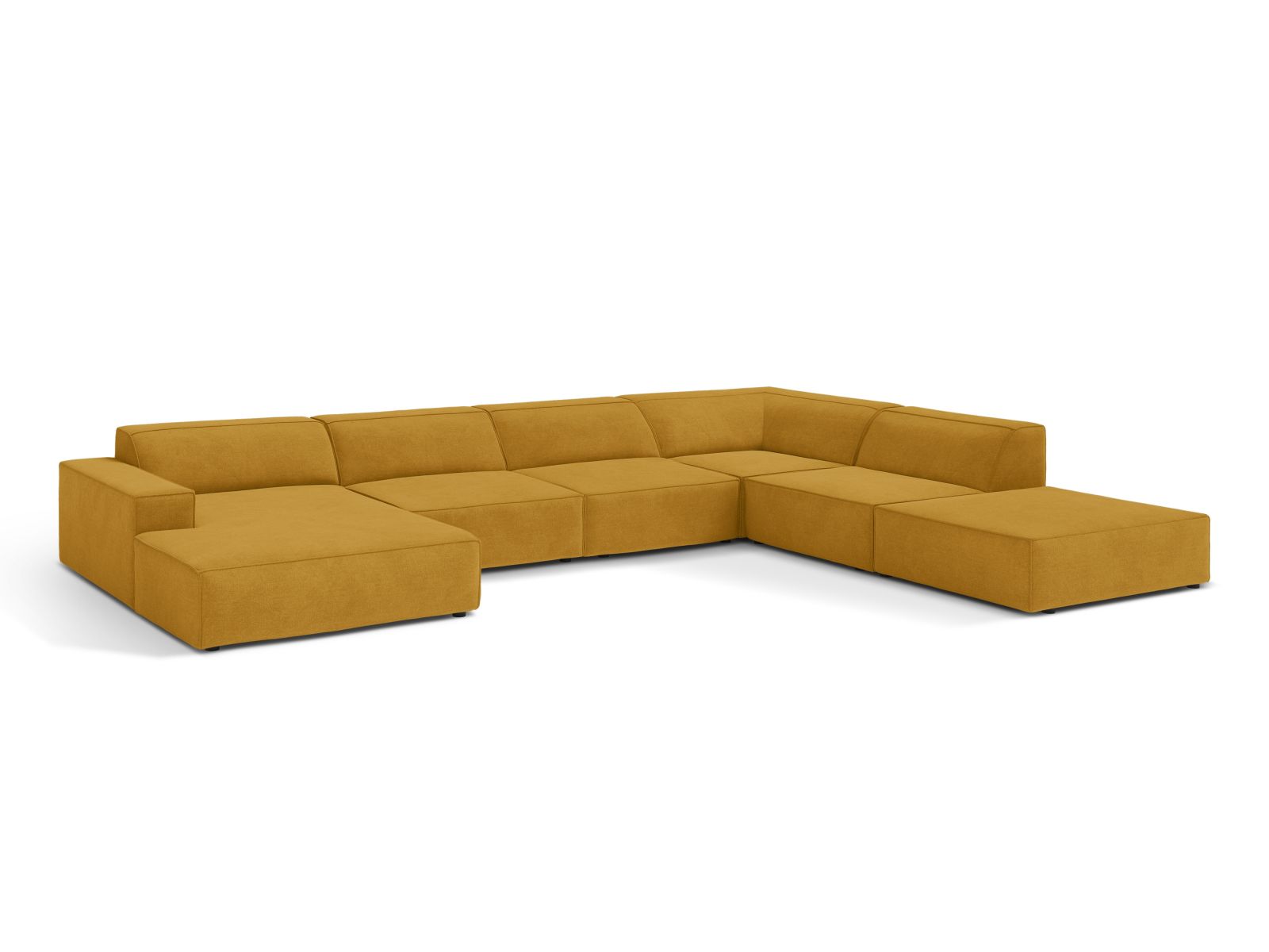 Stylisches 7-Sitzer Ecksofa Jodie in Gelb, modular und panoramisch, ideal für moderne Wohnräume, präsentiert von Micadoni.