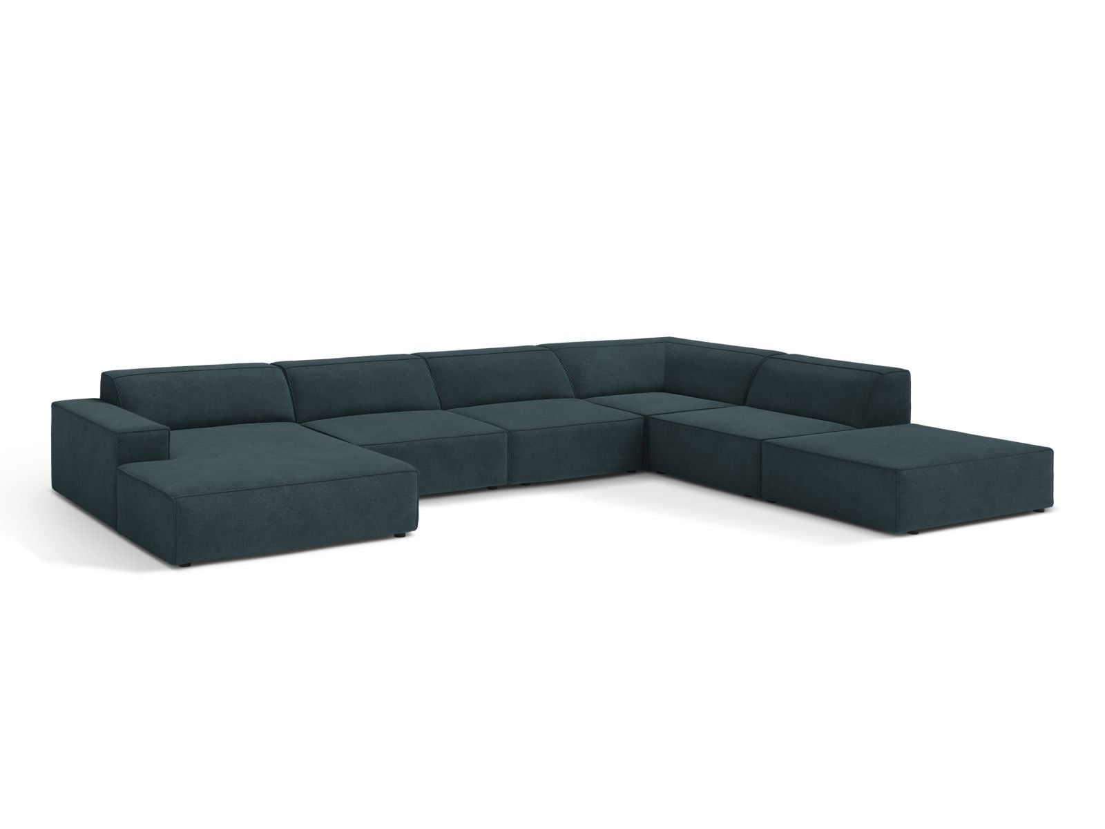 Elegantes 7-Sitzer Ecksofa Jodie in tiefem Petrol, modular und komfortabel, ideal für stilvolle Wohnräume.
