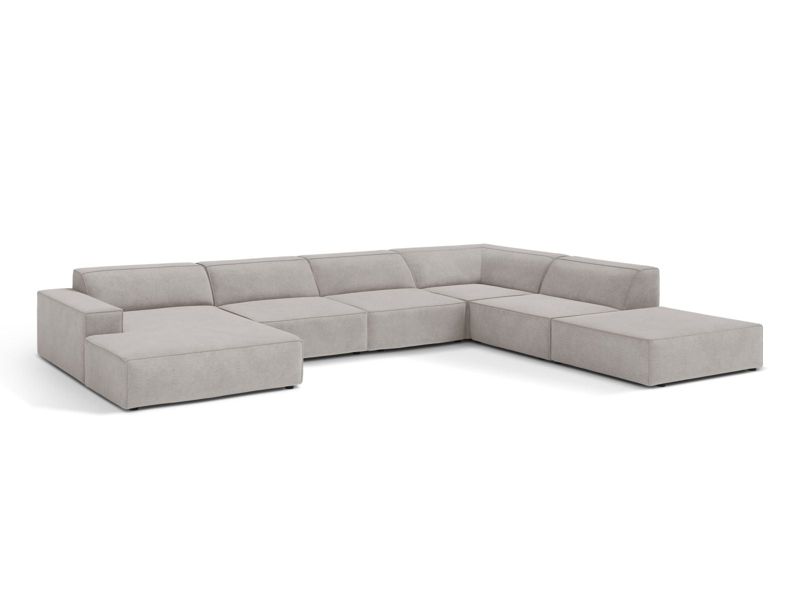 Stylisches 7-Sitzer Ecksofa Jodie in hellem Grau, ideal für moderne Wohnräume, mit modularer Bauweise für flexible Gestaltung.