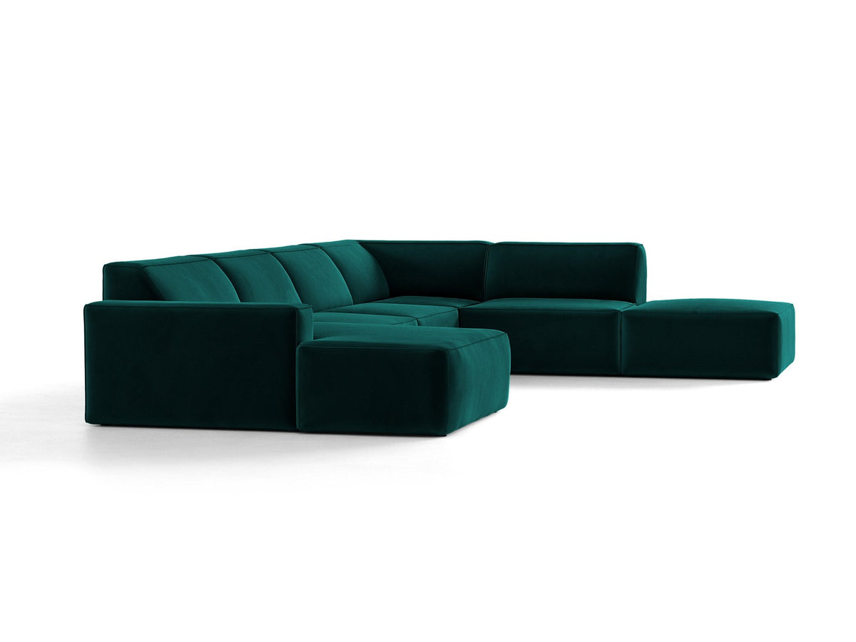 Modulares Ecksofa rechts Jodie von Micadoni in leichtem Beige mit Venus-Samtstoff, schwarzen Kunststoffbeinen und niedriger Rückenlehne.