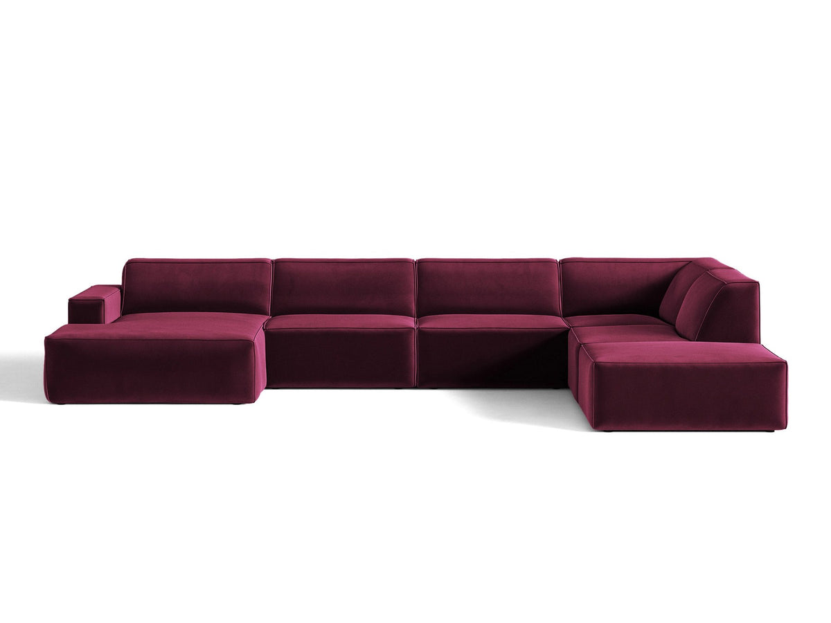 Modulares Ecksofa rechts Jodie von Micadoni in leichtem Beige mit Venus-Samtstoff, schwarzen Kunststoffbeinen und niedriger Rückenlehne.