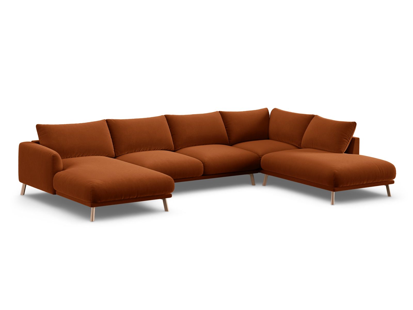 Elegantes 6-Sitzer Panoramic Ecksofa rechts Naomi in warmem Terracotta, ideal für stilvolle Wohnräume und gemütliche Abende.