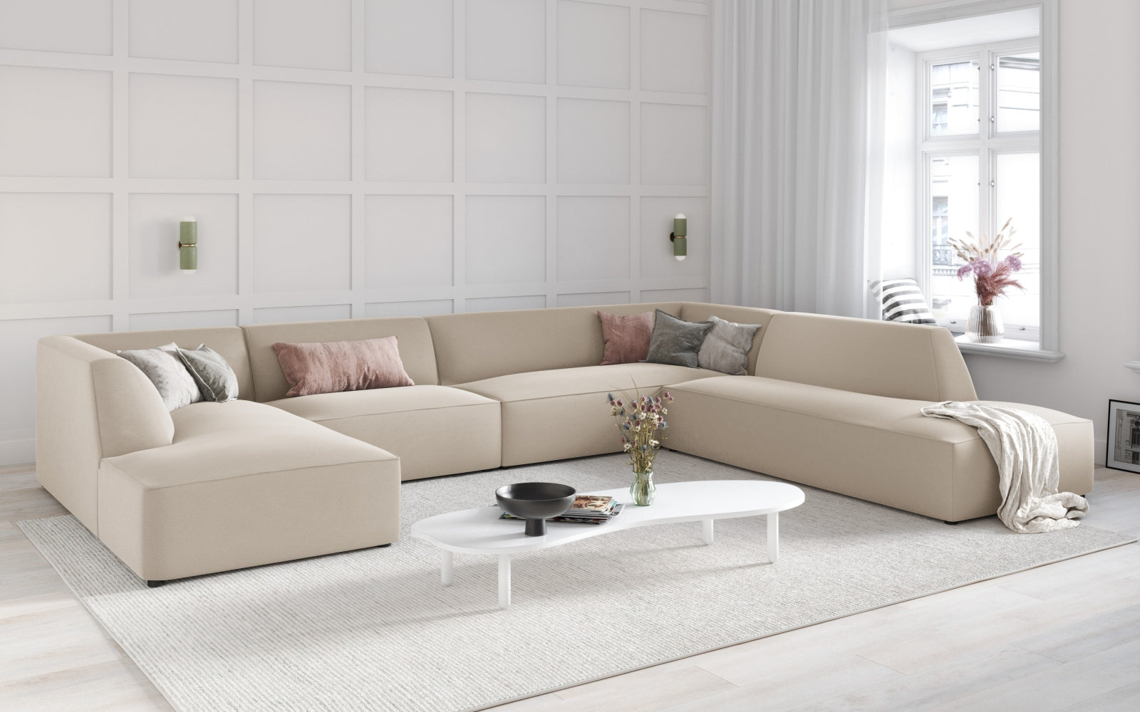 Elegantes Ruby Velour Panoramic Ecksofa in Beige-Salvador, ideal für stilvolle Wohnräume, präsentiert in einem modernen Ambiente.
