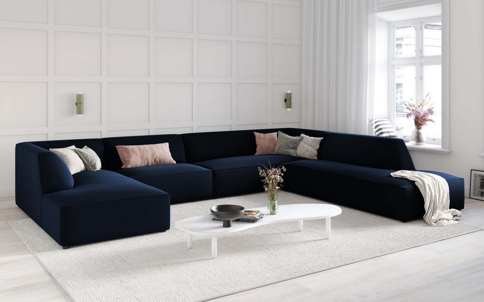 Elegantes Ruby Velour Panoramic Ecksofa rechts im luxuriösen Design, ideal für stilvolle Wohnräume und gesellige Abende.