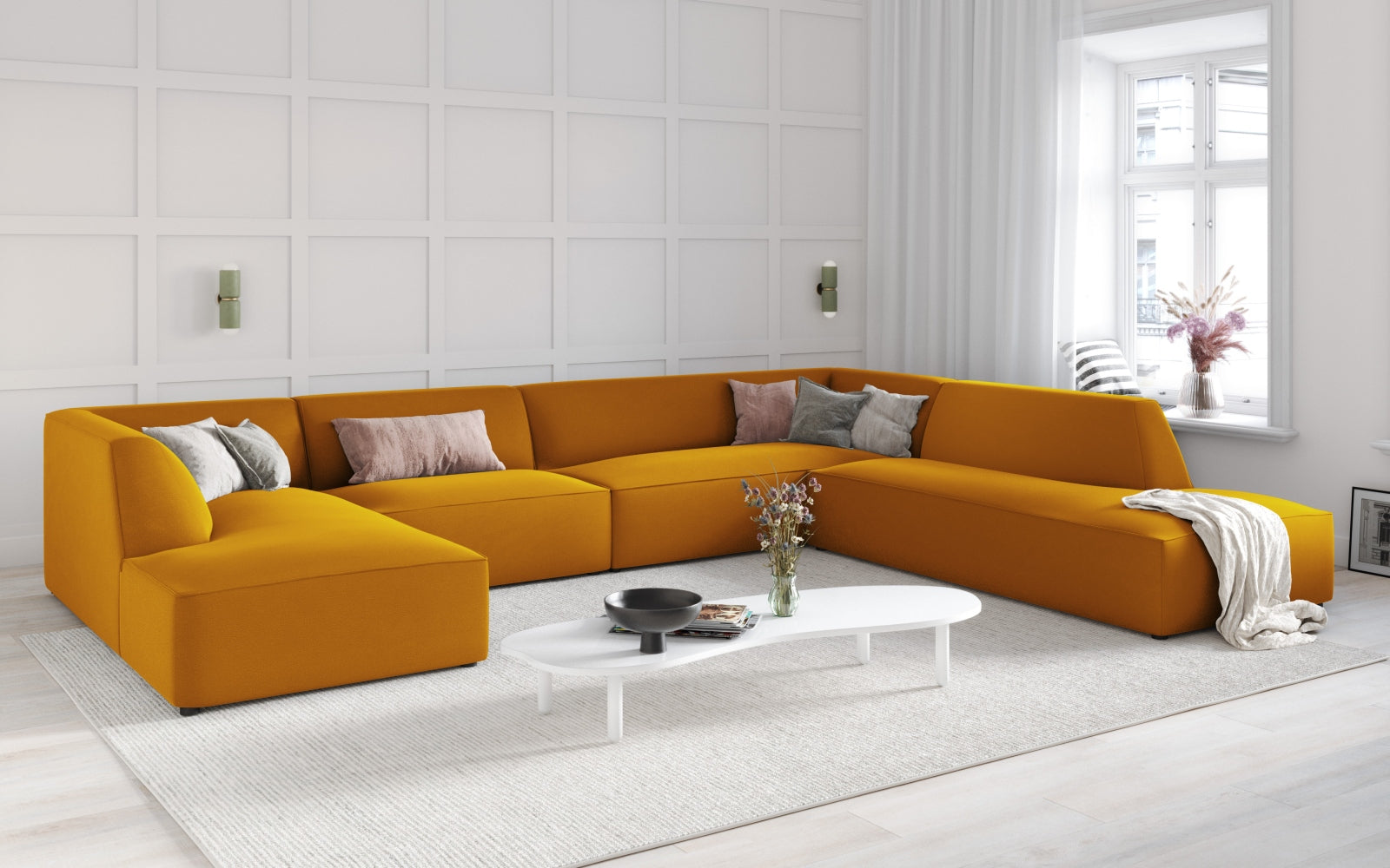 Elegantes Ruby Velour Panoramic Ecksofa rechts, 7 Sitzer, in stilvollem Design, ideal für moderne Wohnräume, präsentiert von Micadoni.