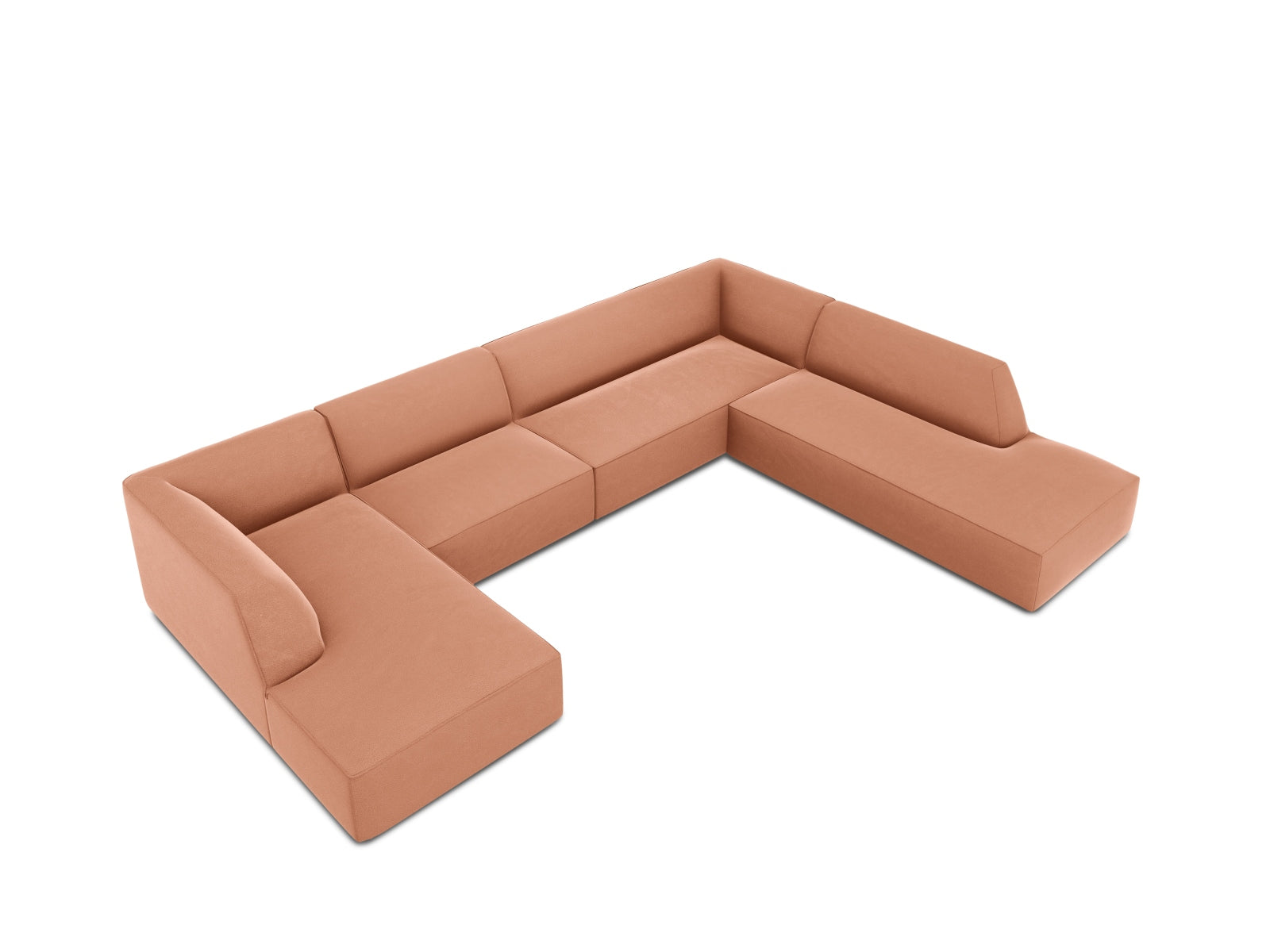 Luxuriöses 7-Sitzer Ecksofa in zartem Rosaton aus Ruby Velour, perfekt für moderne Wohnzimmer. Rechtsseitige Ausführung für maximalen Komfort.