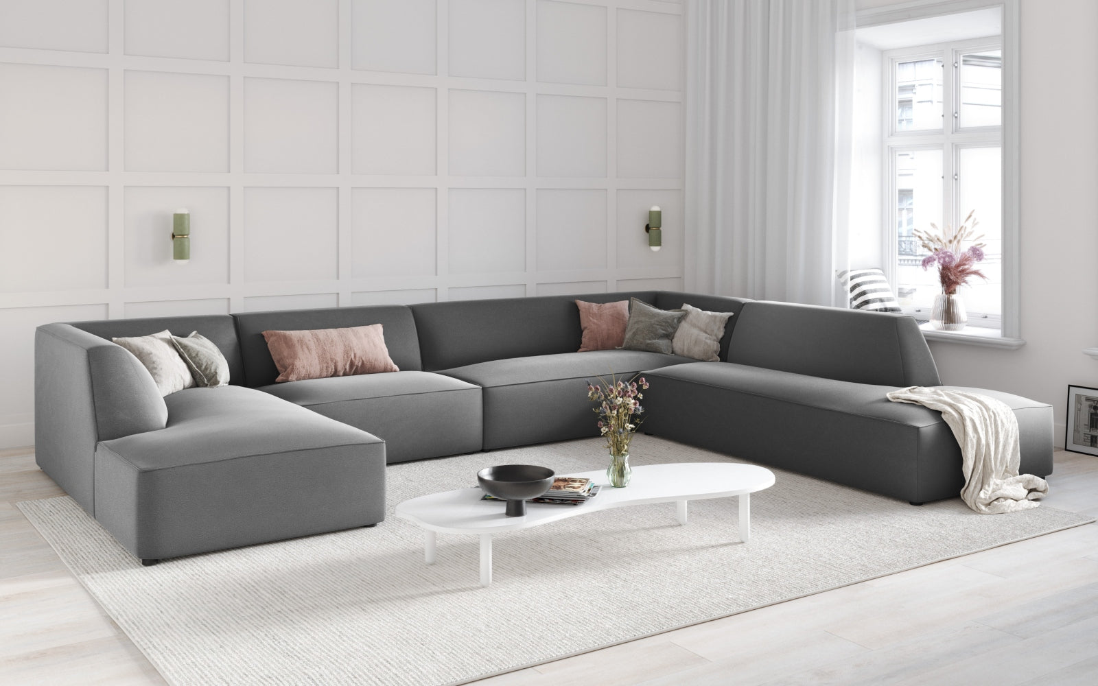 Entdecken Sie das stilvolle Ruby Velour Panoramic Ecksofa rechts 7 Sitzer von Micadoni – ideal für Komfort und Eleganz in Ihrem Wohnzimmer.
