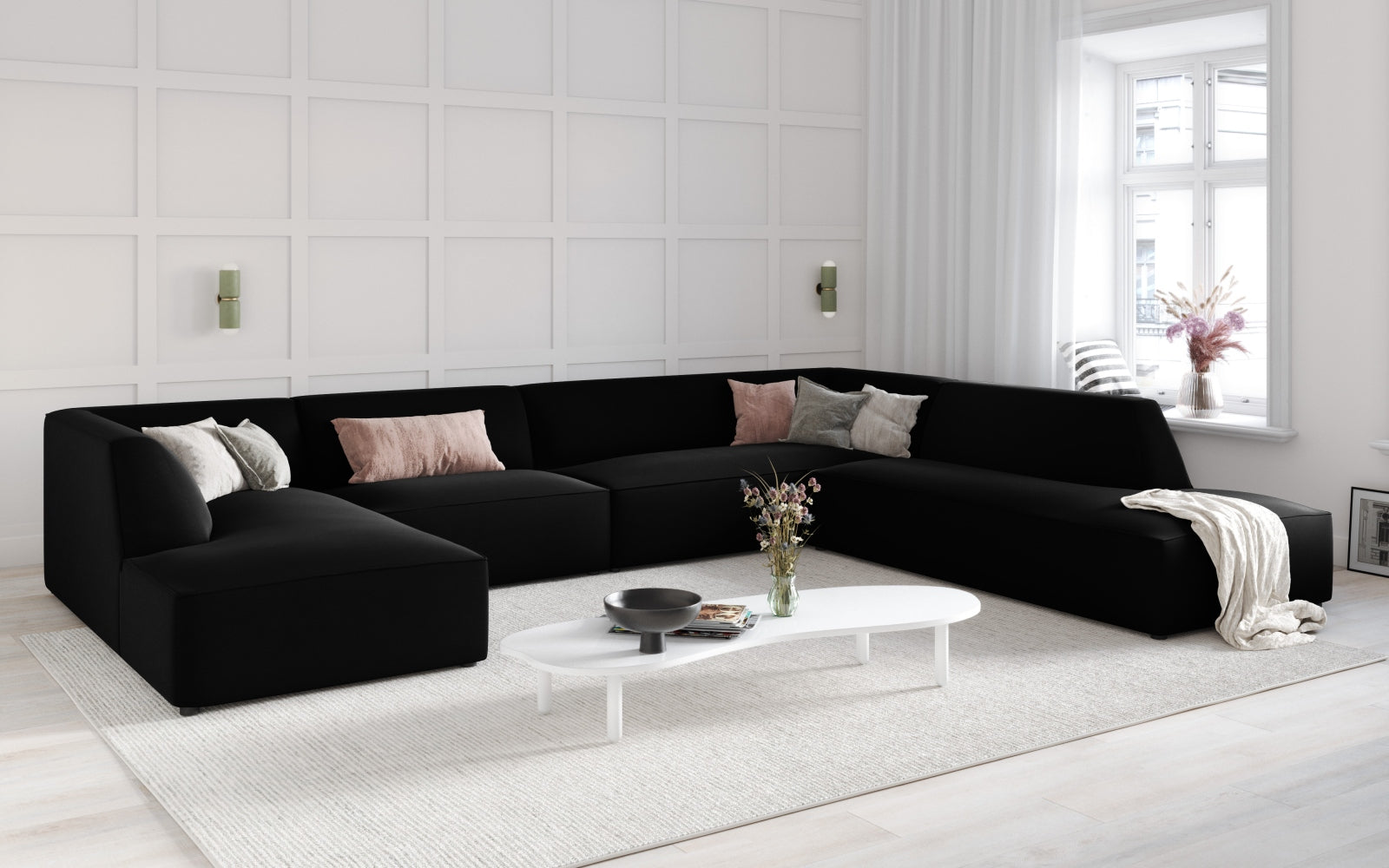 Elegantes Ruby Velour Panoramic Ecksofa rechts, 7 Sitzer, in stilvollem Design, ideal für moderne Wohnräume, präsentiert von Micadoni.