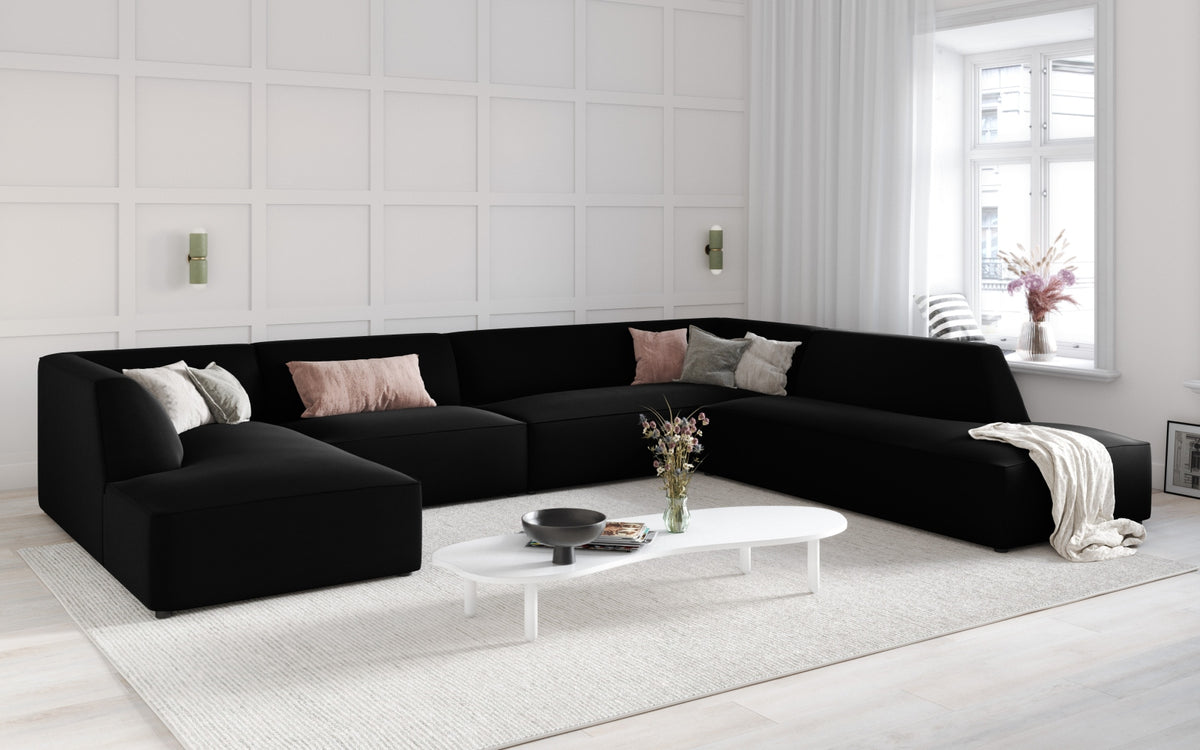 Ruby Velour Panoramic Ecksofa rechts 7 Sitzer in Black-Salvador präsentiert im Onlineshop von KAQTU Design AG. Ecksofa rechts ist von Micadoni