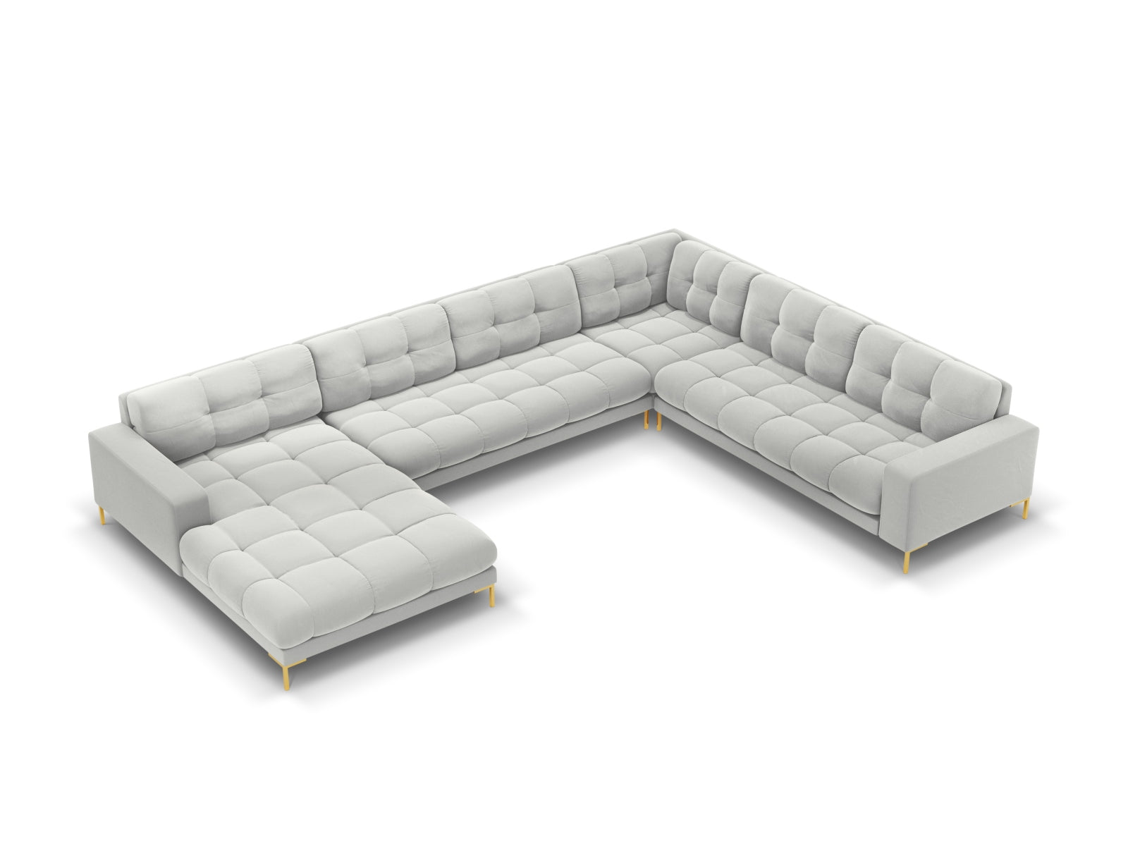 Mamaia Velour Panoramic Ecksofa rechts 7 Sitzer in Silver/Gold präsentiert im Onlineshop von KAQTU Design AG. Ecksofa rechts ist von Micadoni