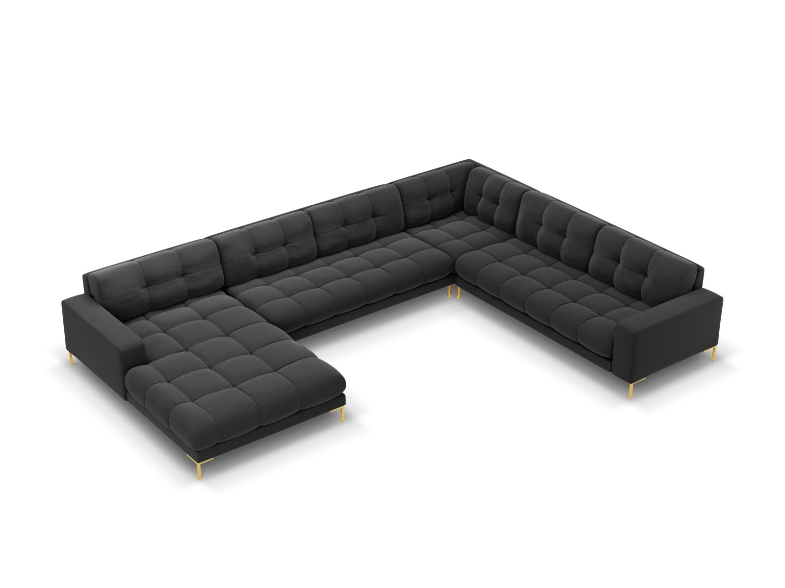 Mamaia Velour Panoramic Ecksofa rechts 7 Sitzer in Dark Grey/Gold präsentiert im Onlineshop von KAQTU Design AG. Ecksofa rechts ist von Micadoni