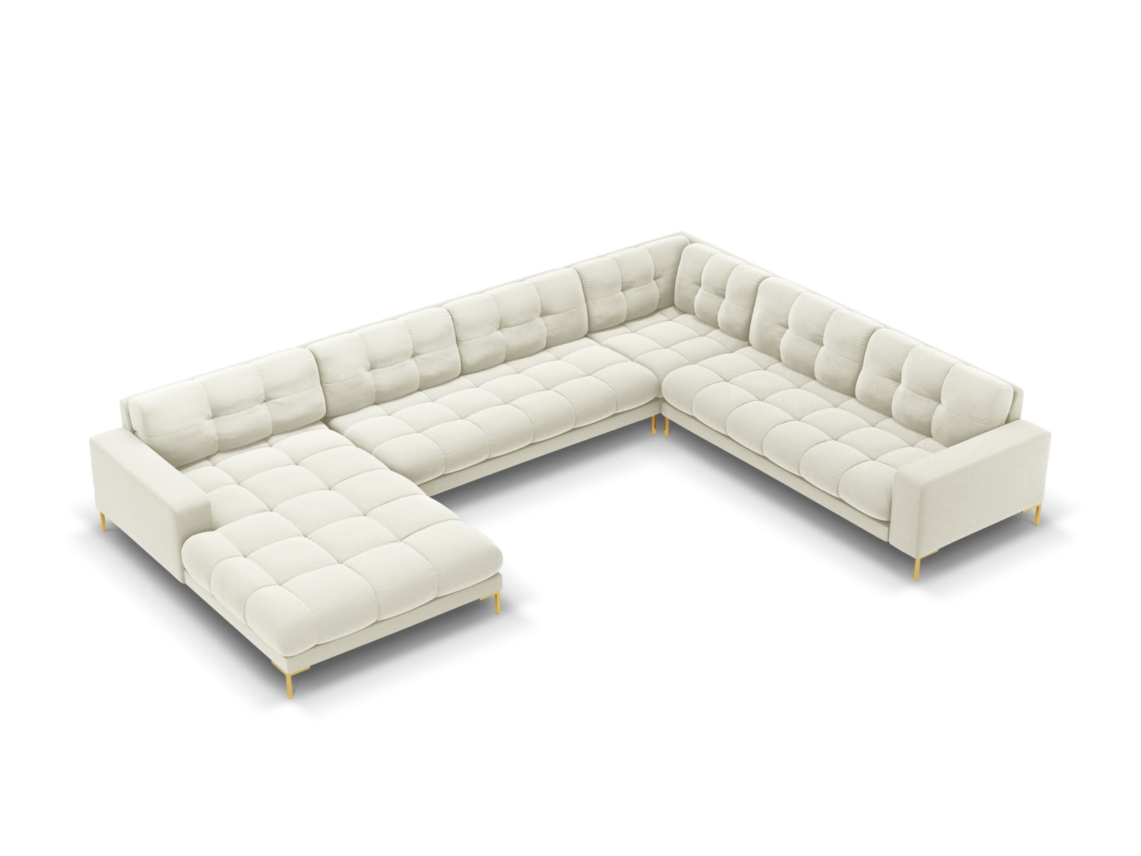 Mamaia Velour Panoramic Ecksofa rechts 7 Sitzer in Light Beige/Gold präsentiert im Onlineshop von KAQTU Design AG. Ecksofa rechts ist von Micadoni