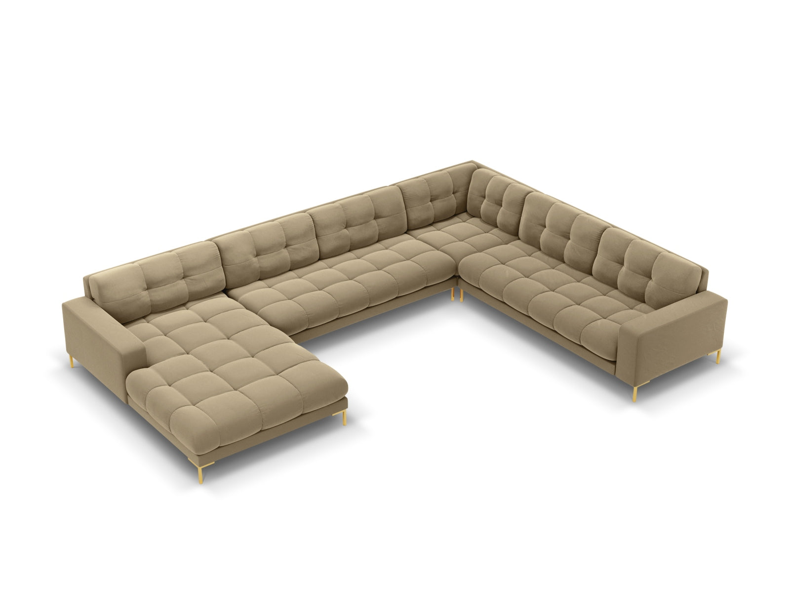 Mamaia Velour Panoramic Ecksofa rechts 7 Sitzer in Beige/Gold präsentiert im Onlineshop von KAQTU Design AG. Ecksofa rechts ist von Micadoni