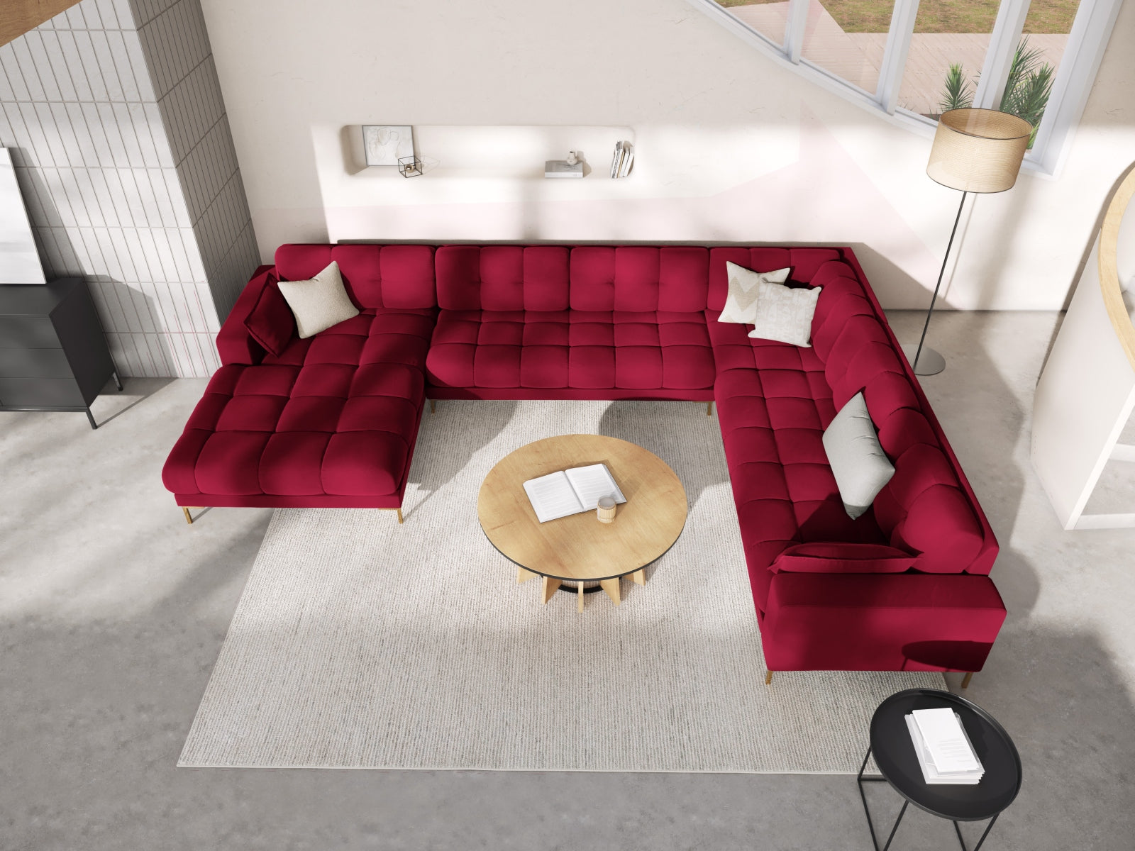 Luxuriöses Mamaia Velour Panoramic Ecksofa rechts – 7-Sitzer von Micadoni. Elegantes Design, hoher Komfort und pflegeleichte Materialien für Ihr Wohnzimmer.