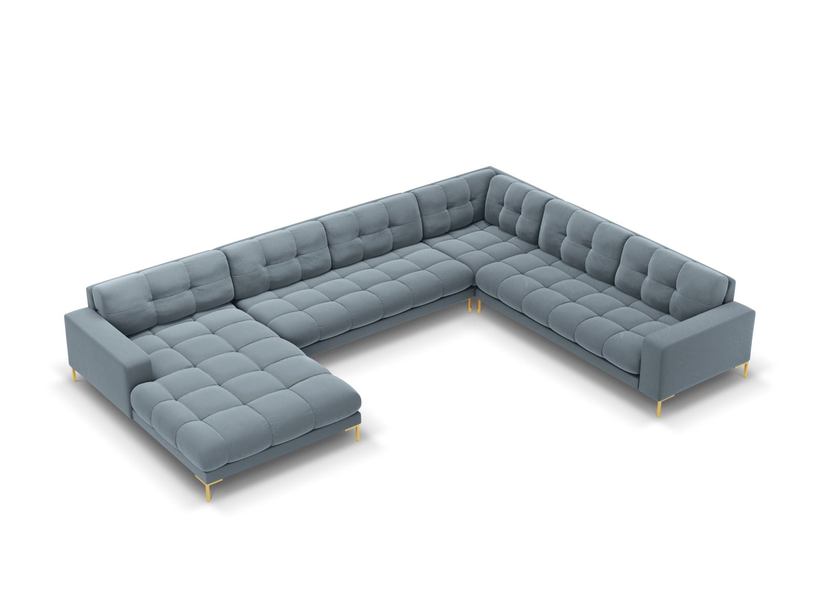 Mamaia Velour Panoramic Ecksofa rechts 7 Sitzer in Light Blue/Gold präsentiert im Onlineshop von KAQTU Design AG. Ecksofa rechts ist von Micadoni