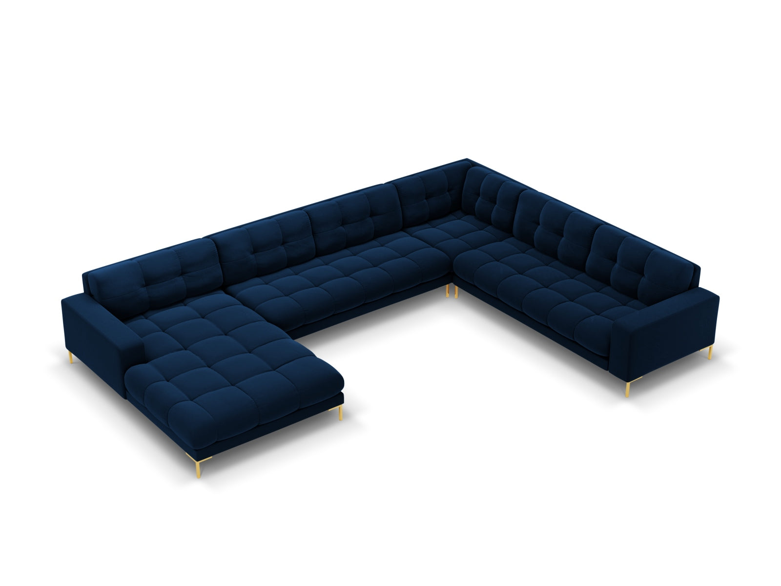Mamaia Velour Panoramic Ecksofa rechts 7 Sitzer in Royal Blue/Gold präsentiert im Onlineshop von KAQTU Design AG. Ecksofa rechts ist von Micadoni