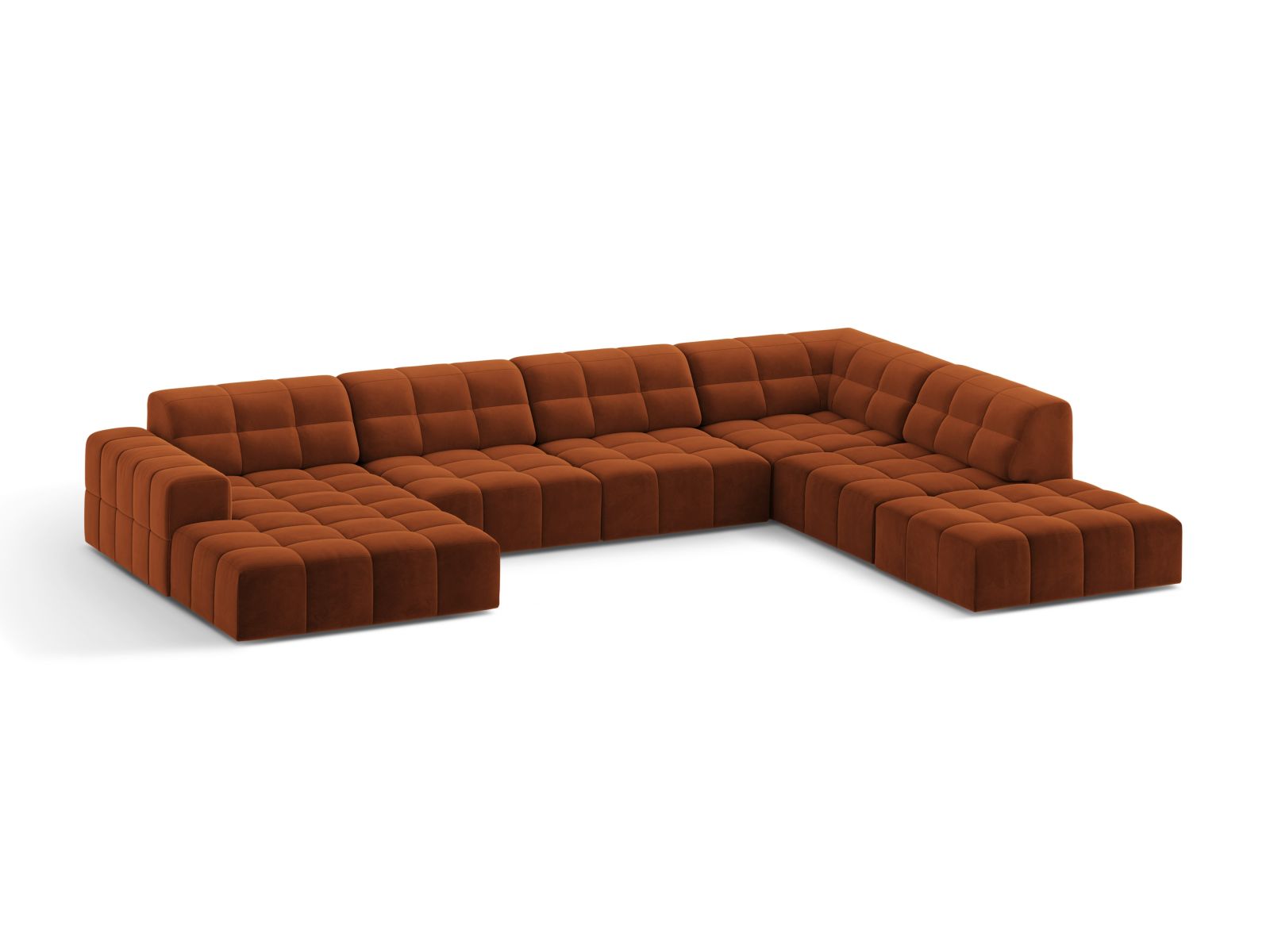 Elegantes 7-Sitzer Ecksofa Jennifer in Terracotta-Bluvel, ideal für stilvolle Wohnräume, präsentiert von Micadoni.