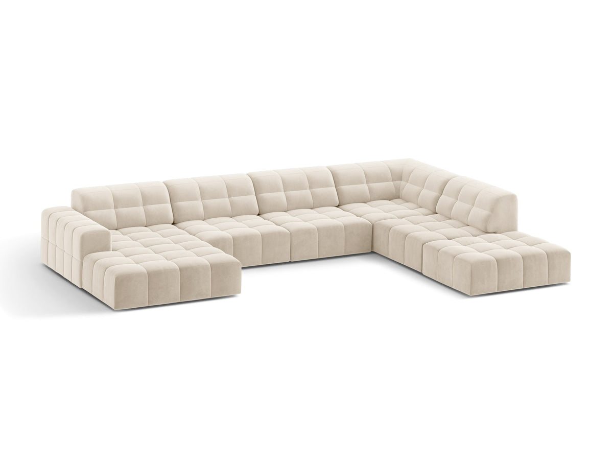 Panoramasofa Jennifer von Micadoni in leichtem Beige, Ecksofa rechts mit Bluvel-Stoffbezug, Rückenlehne und schwarzen Kunststoffbeinen aus Polypropylen.