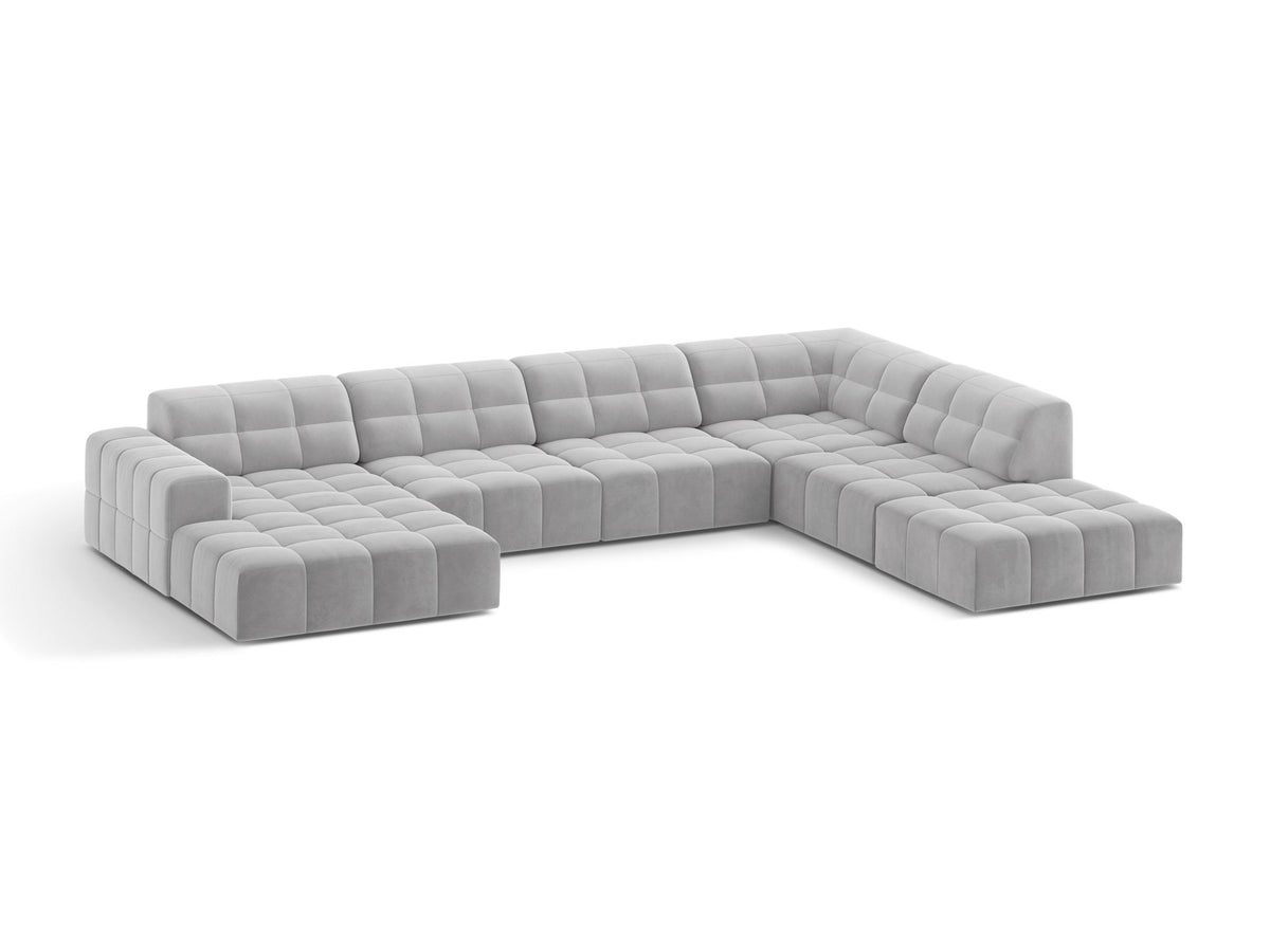 Panoramasofa Jennifer von Micadoni in leichtem Beige, Ecksofa rechts mit Bluvel-Stoffbezug, Rückenlehne und schwarzen Kunststoffbeinen aus Polypropylen.