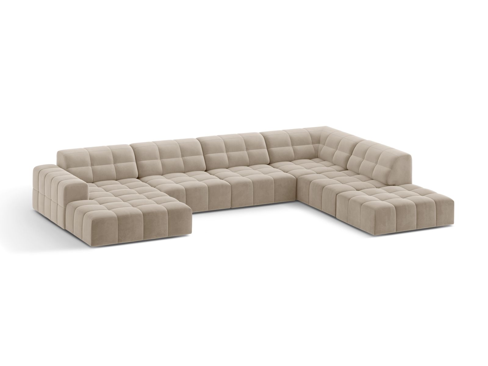 Elegantes 7-Sitzer Ecksofa Jennifer in Dark Beige-Bluvel, ideal für stilvolle Wohnräume, präsentiert von Micadoni.