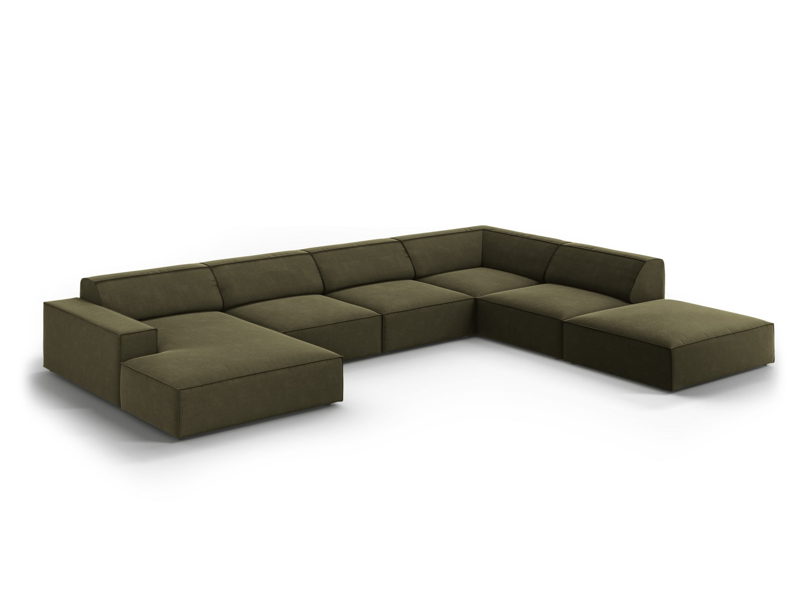 Stilvolles, modulares 7-Sitzer Ecksofa Jodie in luxuriösem Veloursgrün, perfekt für moderne Wohnkonzepte von Micadoni.