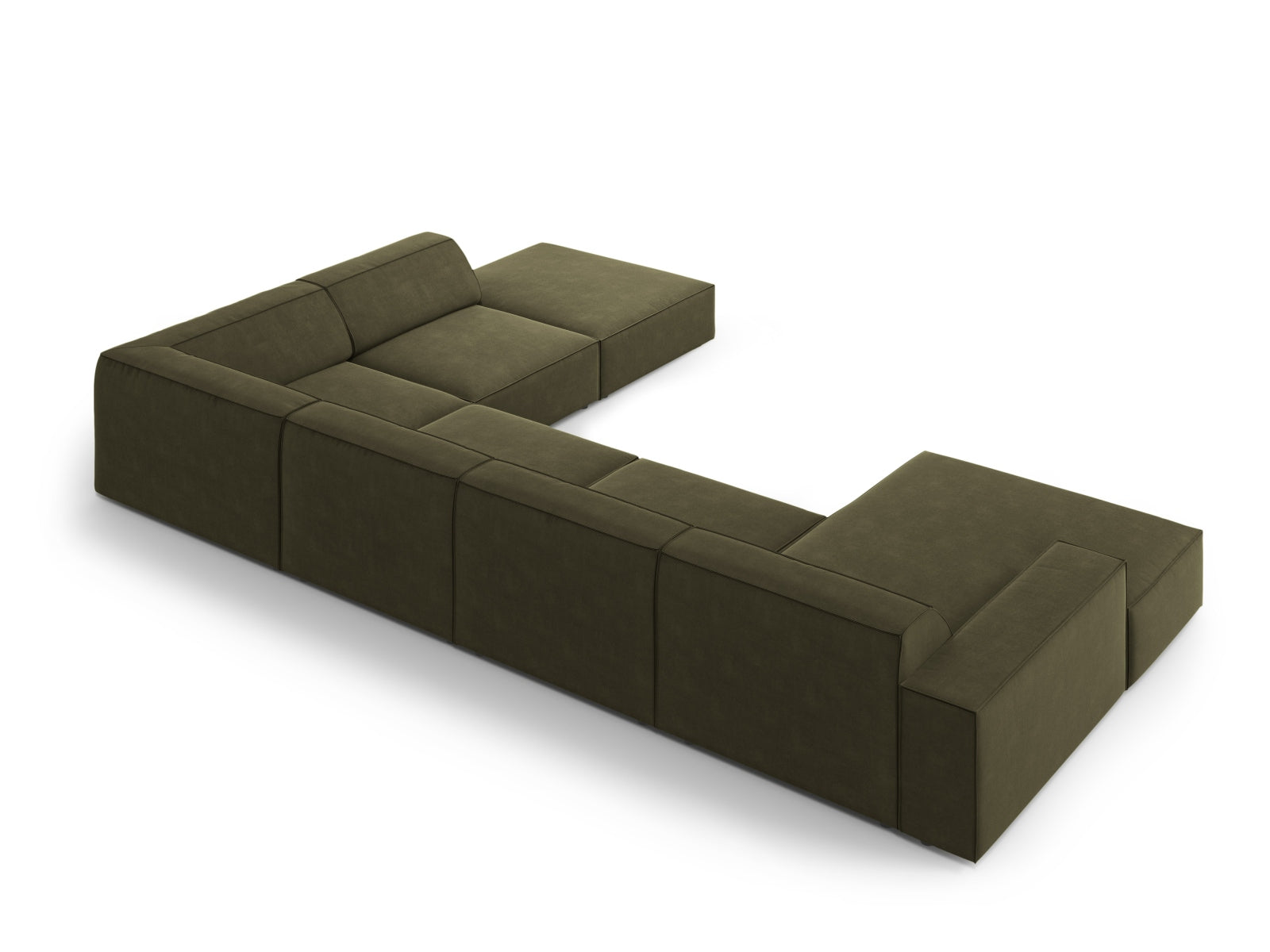 Elegantes, modulares 7-Sitzer Ecksofa Jodie in edlem Veloursgrün, ideal für stilvolle Wohnräume von Micadoni.