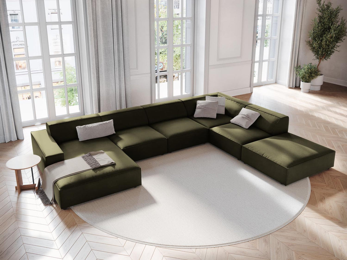 Jodie Velour modulares Panoramic Ecksofa rechts 7 Sitzer in Green-Bluvel präsentiert im Onlineshop von KAQTU Design AG. Ecksofa rechts ist von Micadoni