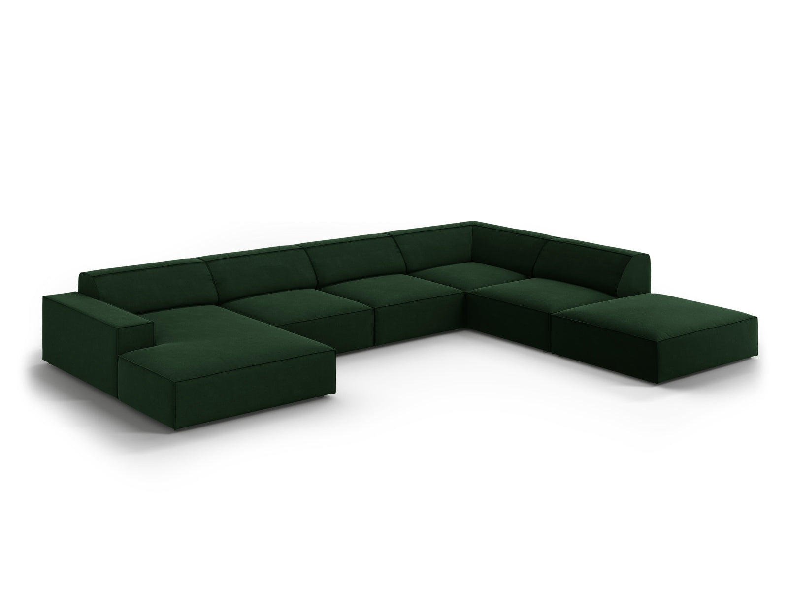 Modulares 7-Sitzer Ecksofa Jodie in luxuriösem Bottle Green-Bluvel, perfekt für moderne und elegante Wohnkonzepte.