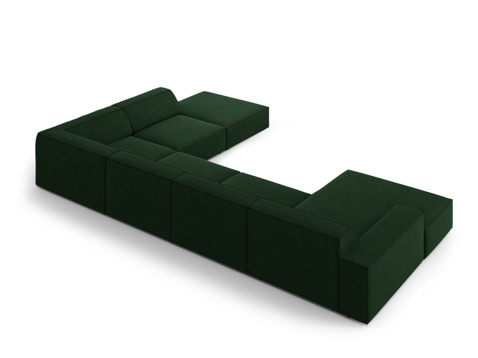 Elegantes, modulares 7-Sitzer Ecksofa Jodie in edlem Bottle Green-Bluvel, ideal für stilvolle Wohnräume und gemütliche Abende.