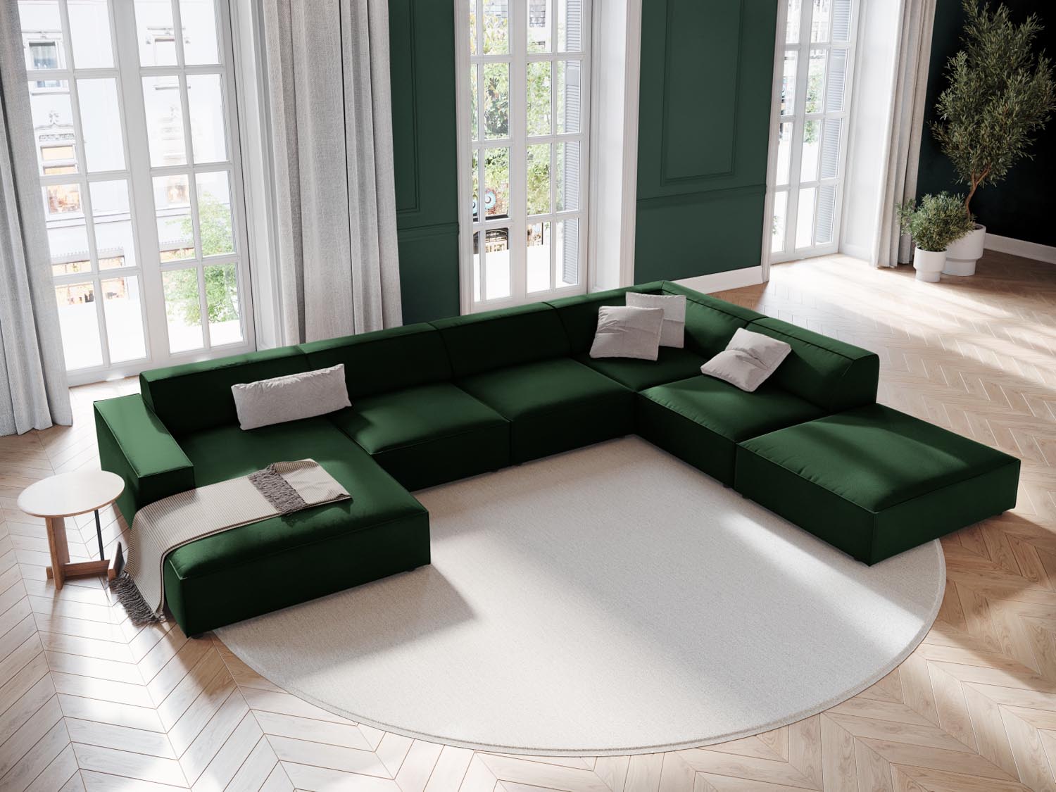 Elegantes, modulares 7-Sitzer Ecksofa Jodie in edlem Bottle Green-Bluvel, ideal für stilvolle Wohnräume.