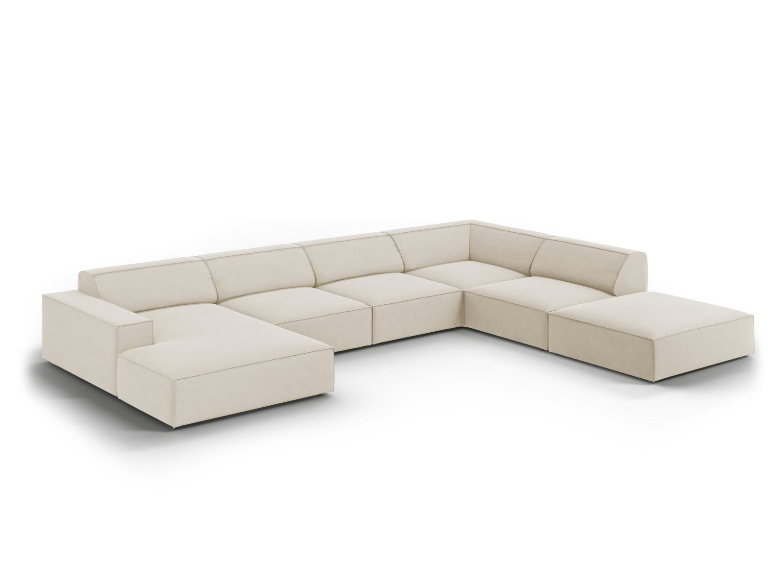 Erleben Sie das Jodie Velour Ecksofa von Micadoni – ein modulares 7-Sitzer Sofa, das Stil, Komfort und Anpassungsfähigkeit für Ihr Zuhause bietet.