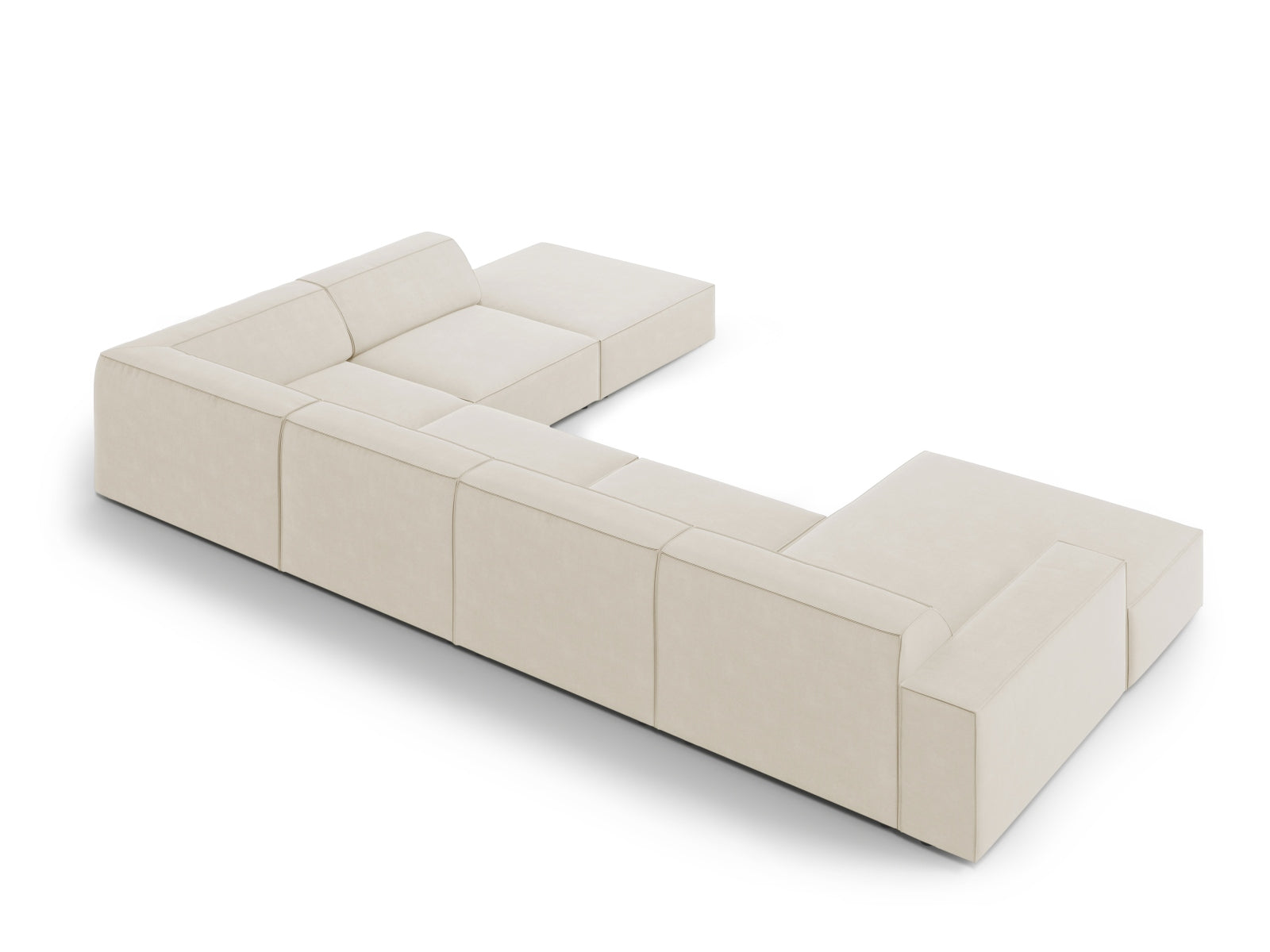 Elegantes, modulares 7-Sitzer Ecksofa Jodie aus weichem Velours, ideal für stilvolle Wohnräume und entspannte Stunden.