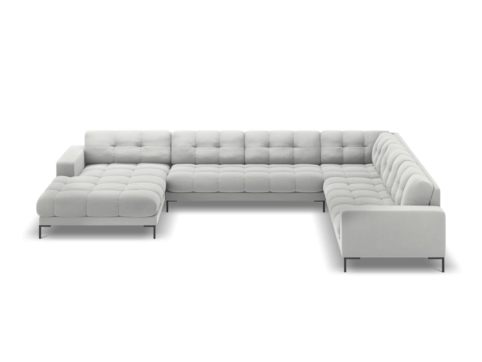 Luxuriöses Mamaia Velour Panoramic Ecksofa in edlem Silver/Schwarz-Bluvel, perfekt für großzügige Wohnzimmer und entspannte Zusammenkünfte.