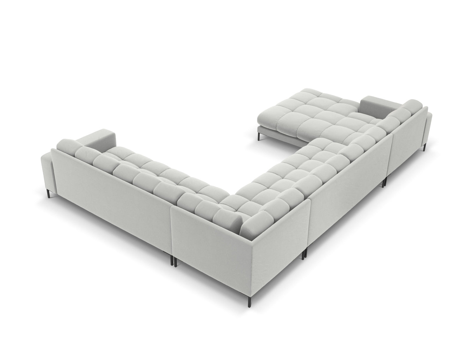 Elegantes Mamaia Velour Panoramic Ecksofa in stilvollem Silver/Schwarz-Bluvel, ideal für gesellige Abende und moderne Wohnräume.