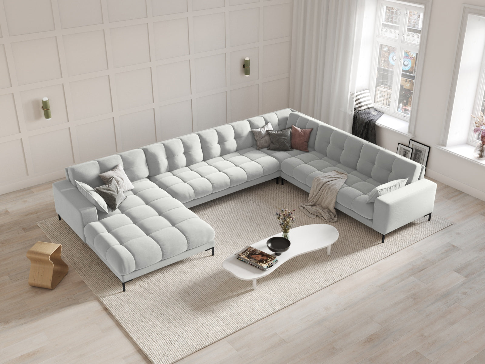 Luxuriöses Mamaia Velour Panoramic Ecksofa rechts – 7-Sitzer von Micadoni. Elegantes Design, hoher Komfort und pflegeleichte Materialien für Ihr Wohnzimmer.