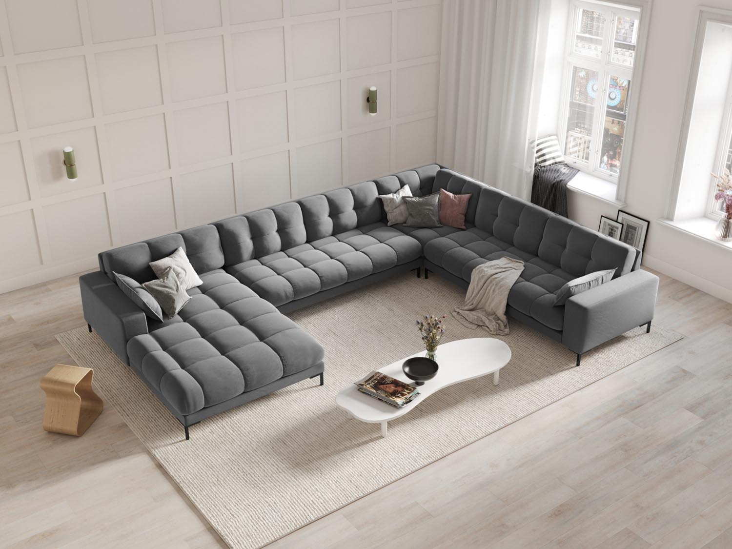 Elegantes Mamaia Velour Panoramic Ecksofa rechts in sanften Grautönen, ideal für stilvolle Wohnräume und gesellige Abende.