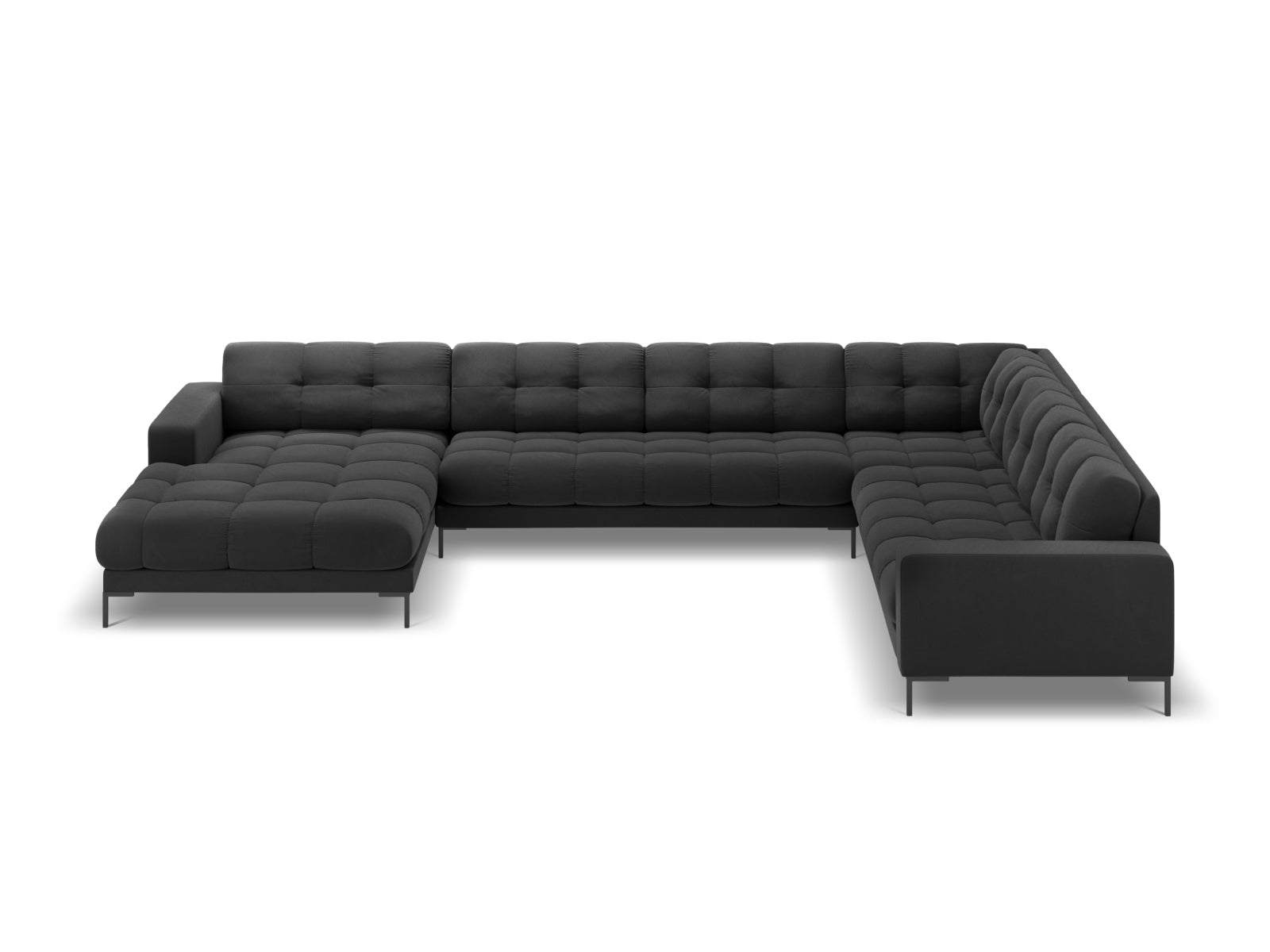 Stilvolles Mamaia Velour Panoramic Ecksofa in Dunkelgrau, 7-Sitzer mit modernem Design und bequemer Sitzfläche für gemütliche Abende.