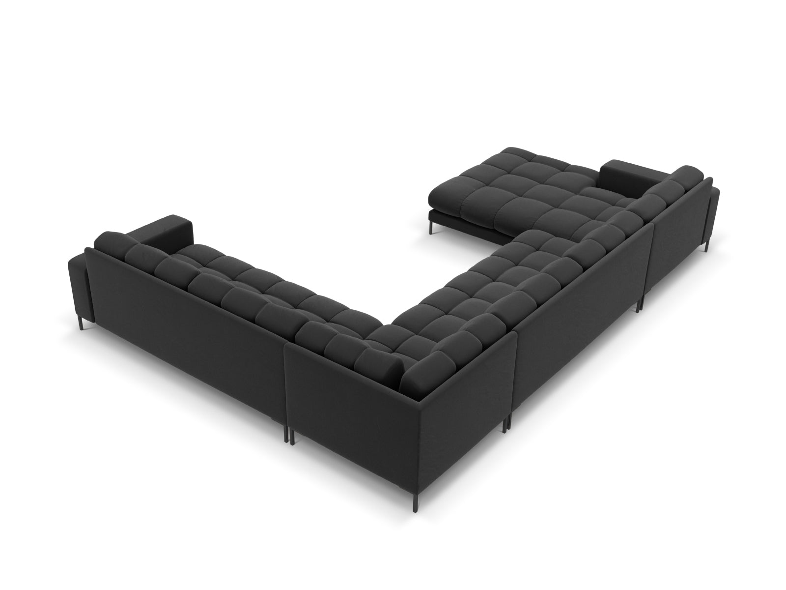 Elegantes Mamaia Velour Panoramic Ecksofa in Dunkelgrau, 7-Sitzer, ideal für gesellige Runden und entspannte Stunden im Wohnzimmer.
