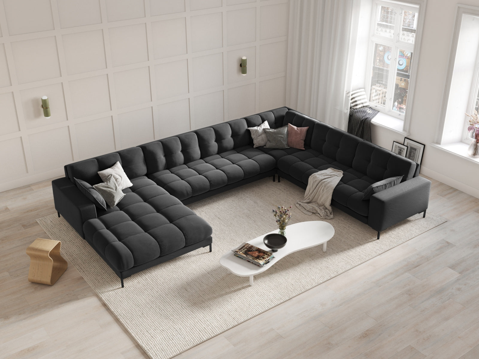 Luxuriöses Mamaia Velour Panoramic Ecksofa rechts – 7-Sitzer von Micadoni. Elegantes Design, hoher Komfort und pflegeleichte Materialien für Ihr Wohnzimmer.