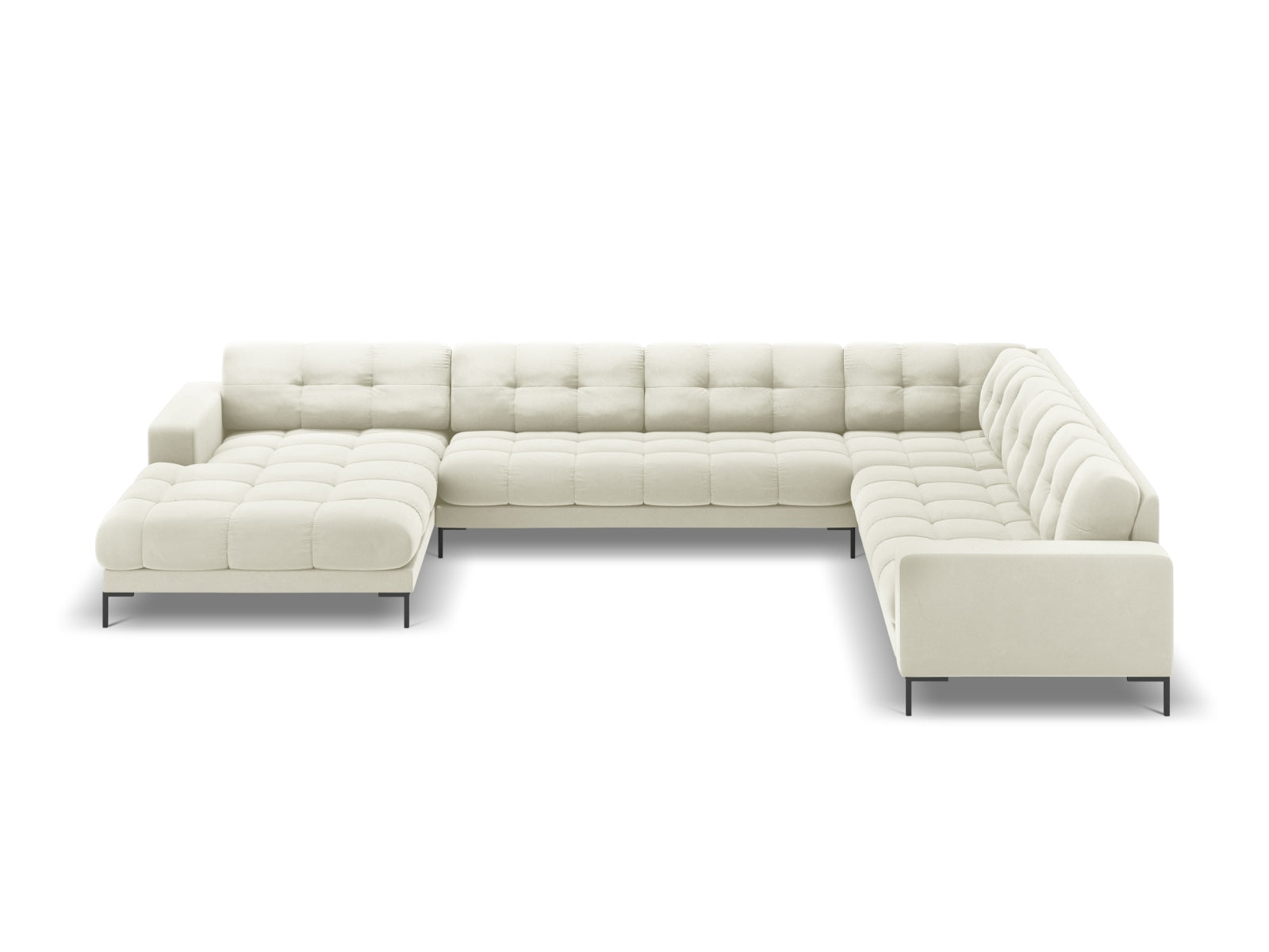 Luxuriöses Mamaia Velour Panoramic Ecksofa rechts in sanften Beige- und Schwarz-Tönen, perfekt für stilvolle Wohnzimmergestaltung.