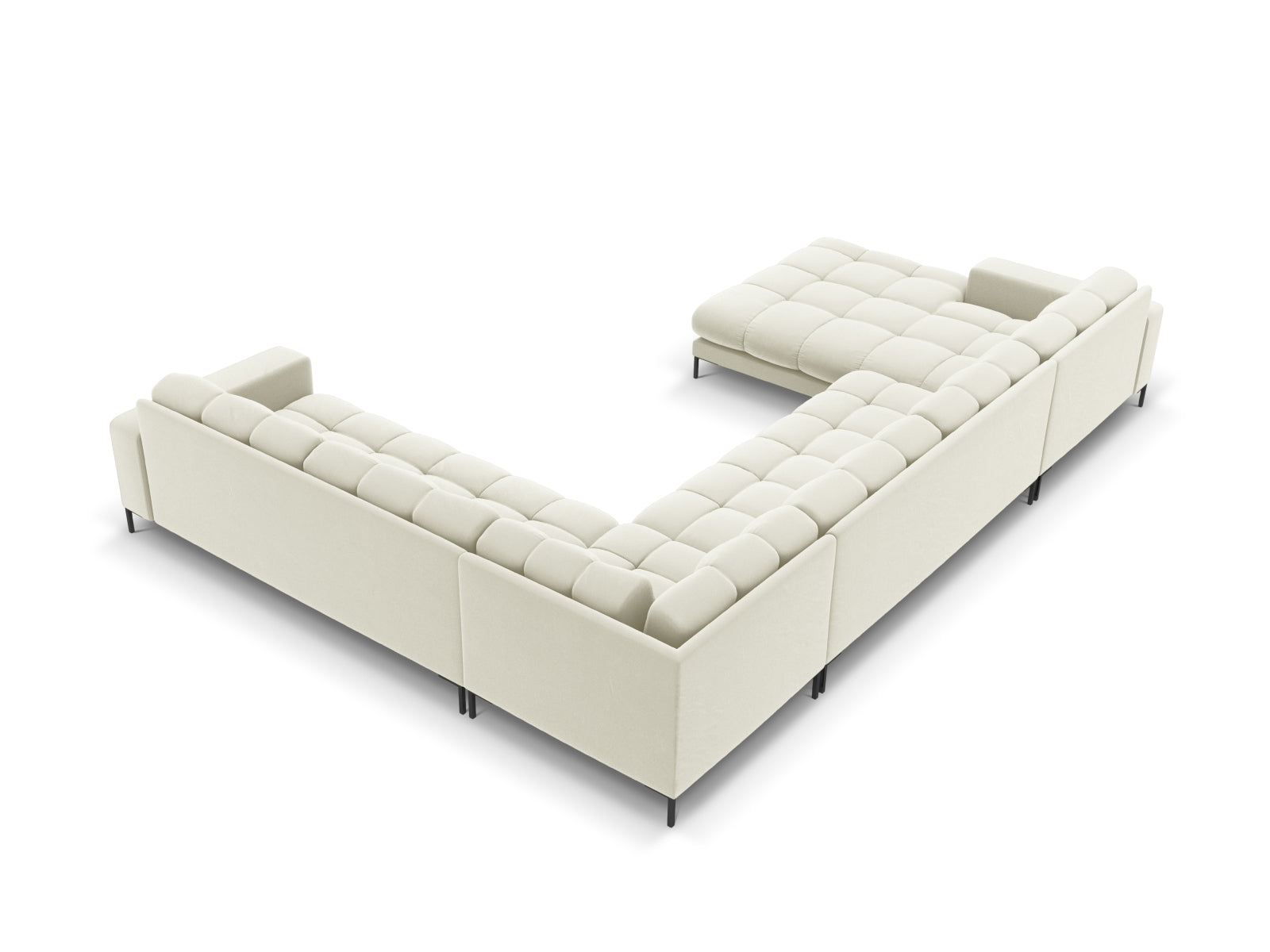 Elegantes Mamaia Velour Panoramic Ecksofa rechts, 7-Sitzer, ideal für moderne Wohnräume mit einem Hauch von Komfort und Stil.