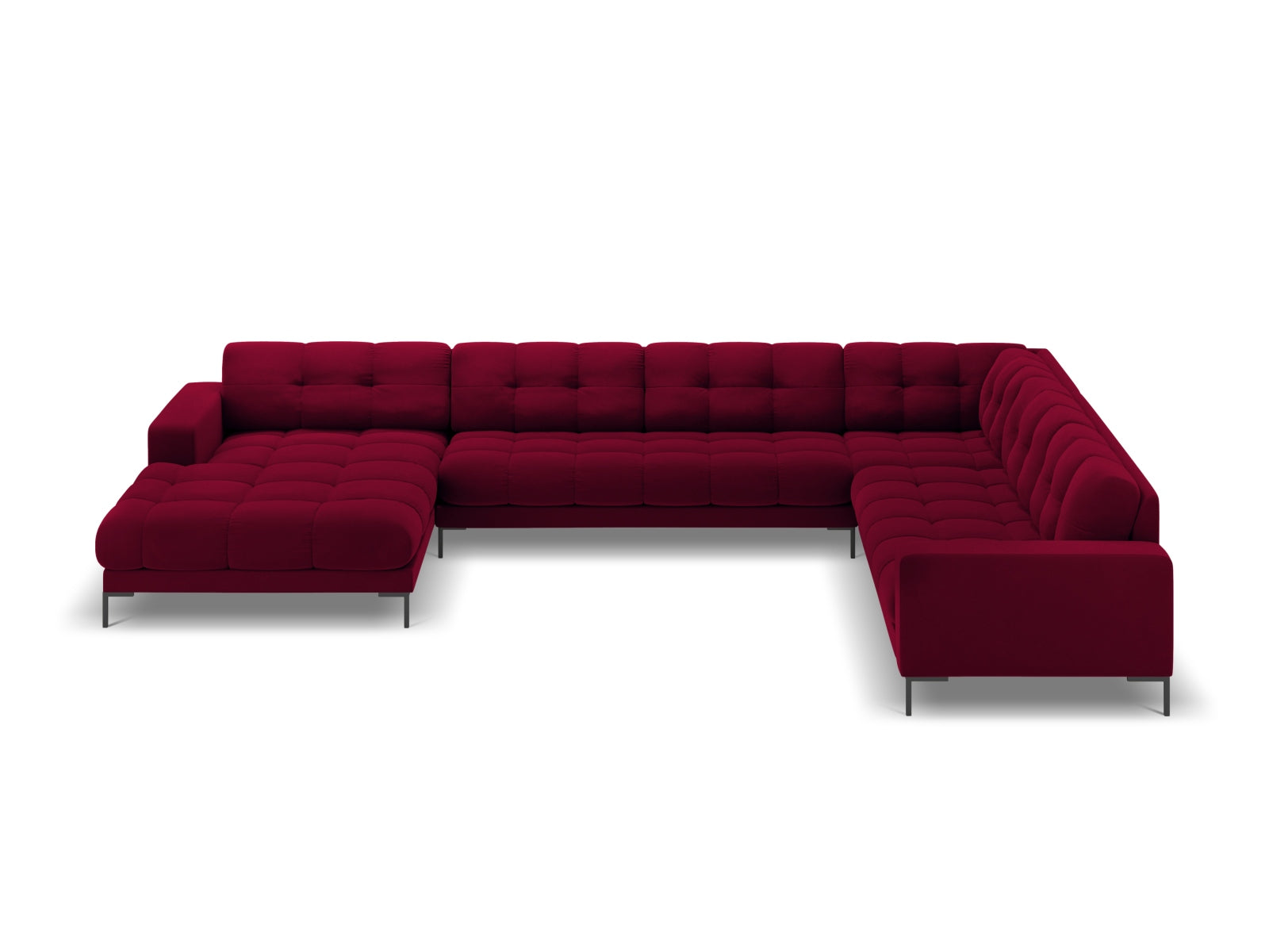 Stilvolles Mamaia Velour Panoramic Ecksofa in Rot und Schwarz, perfekt für moderne Wohnzimmer. Geräumiges 7-Sitzer-Modell von Micadoni.