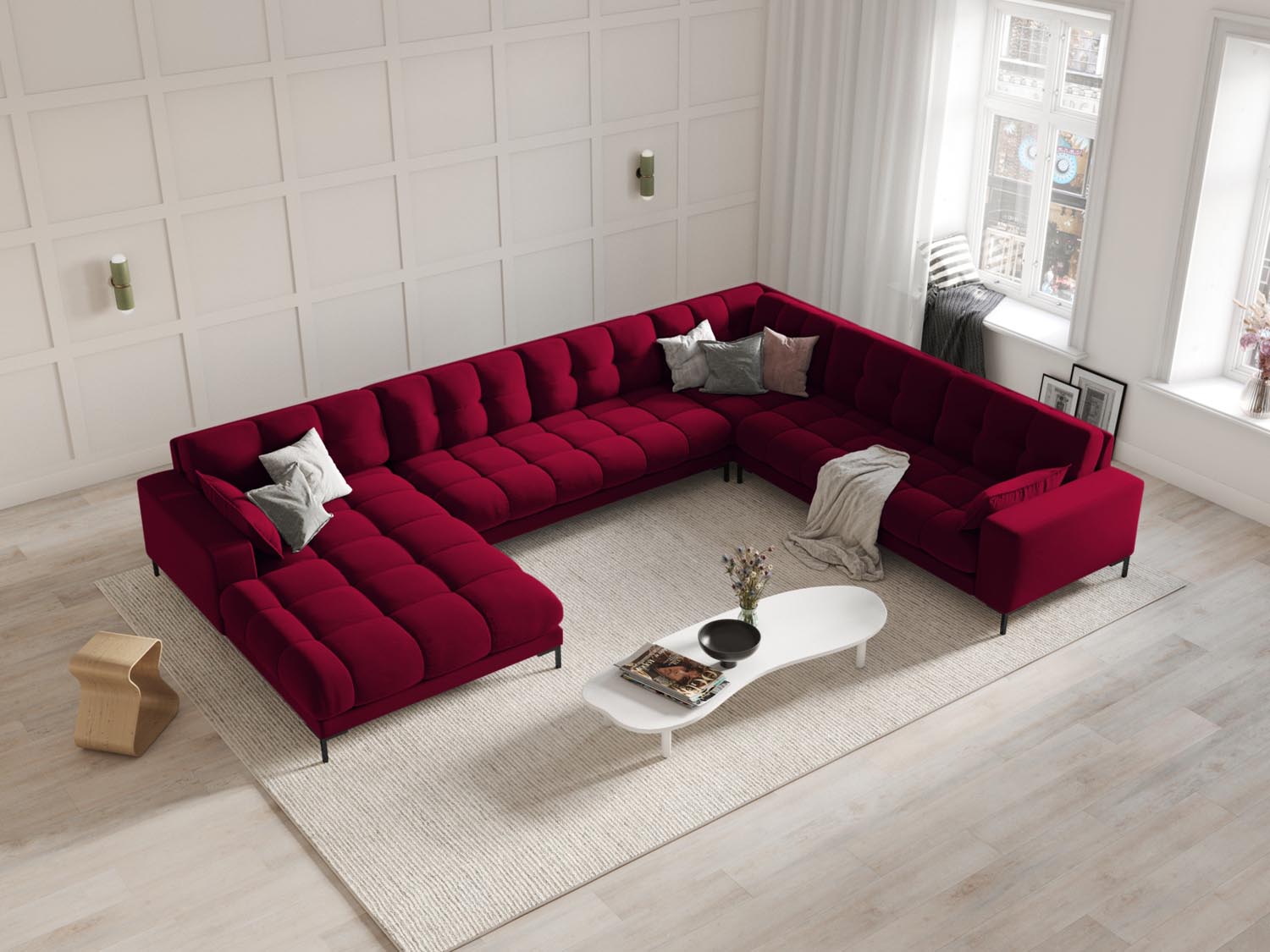 Elegantes Mamaia Velour Panoramic Ecksofa in Rot und Schwarz, ideal für stilvolle Wohnräume. Komfortables 7-Sitzer-Design von Micadoni.