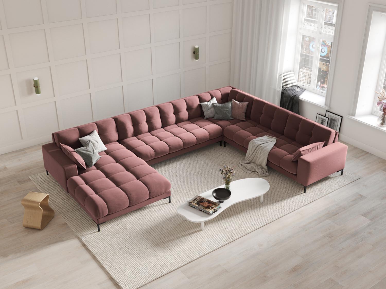 Elegantes Mamaia Velour Panoramic Ecksofa in Pink und Schwarz, ideal für stilvolle Wohnräume. 7-Sitzer mit modernem Design.