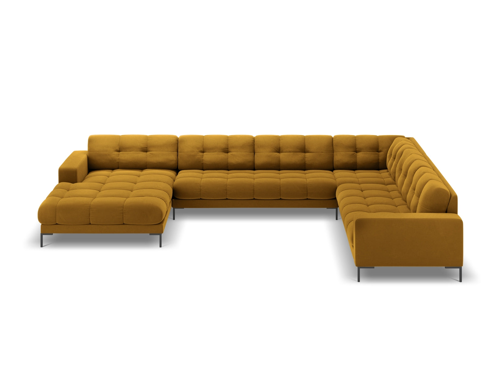 Stylisches Mamaia Velour Panoramic Ecksofa in Gelb und Schwarz, perfekt für großzügige Wohnzimmer und gemütliche Zusammenkünfte.