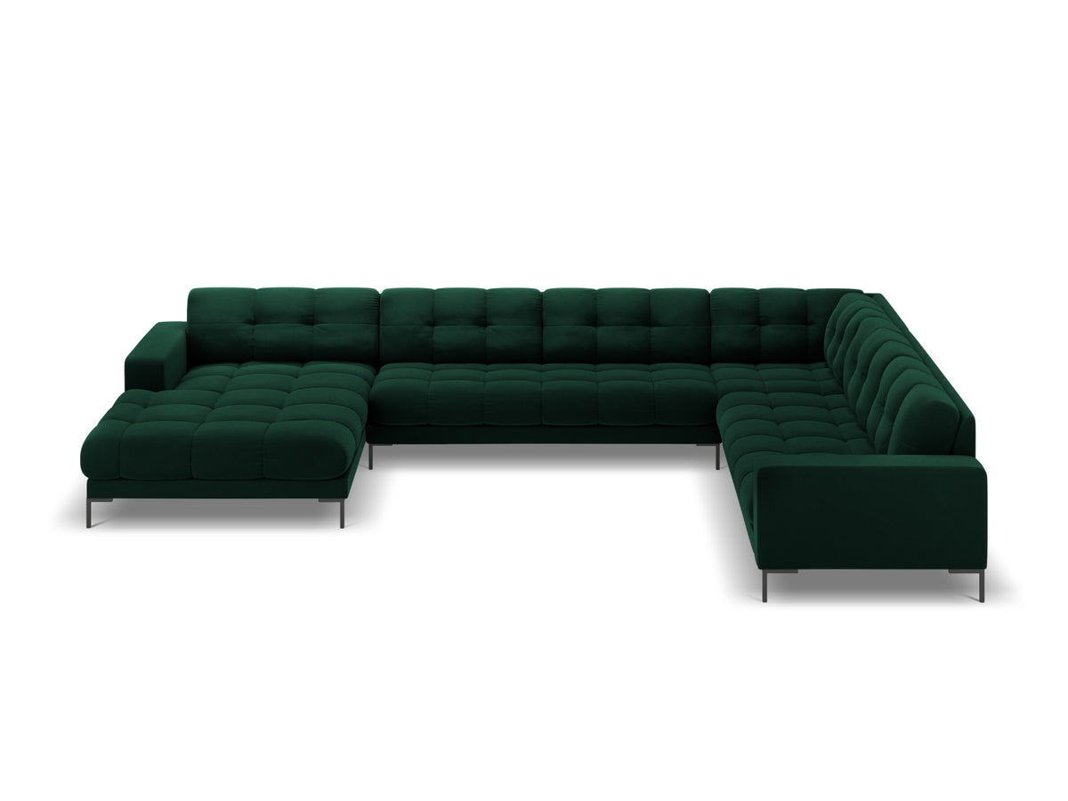 Mamaia Velour Panoramic Ecksofa rechts 7 Sitzer in Bottle Green/Schwarz-Bluvel präsentiert im Onlineshop von KAQTU Design AG. Ecksofa rechts ist von Micadoni