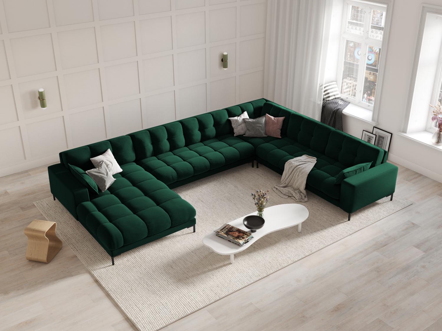Elegantes Mamaia Velour Panoramic Ecksofa rechts in stilvollem Bottle Green, ideal für moderne Wohnräume und gemütliche Abende.