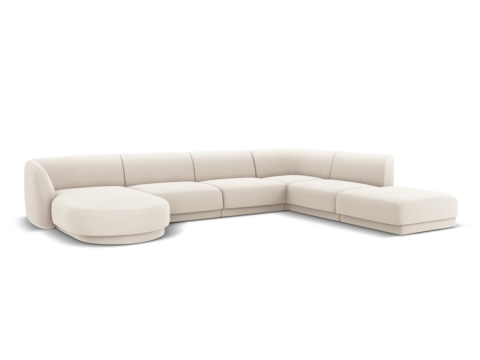 Luxuriöses Miley Velour Panoramic Ecksofa rechts für 6 Personen in hellem Beige, perfekt für moderne und gemütliche Wohnzimmer.