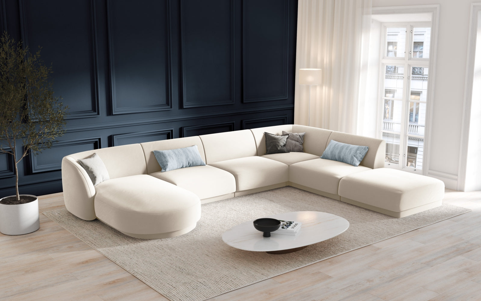 Elegantes Miley Velour Panoramic Ecksofa rechts für 6 Personen in sanftem Light Beige, ideal für stilvolle Wohnräume.