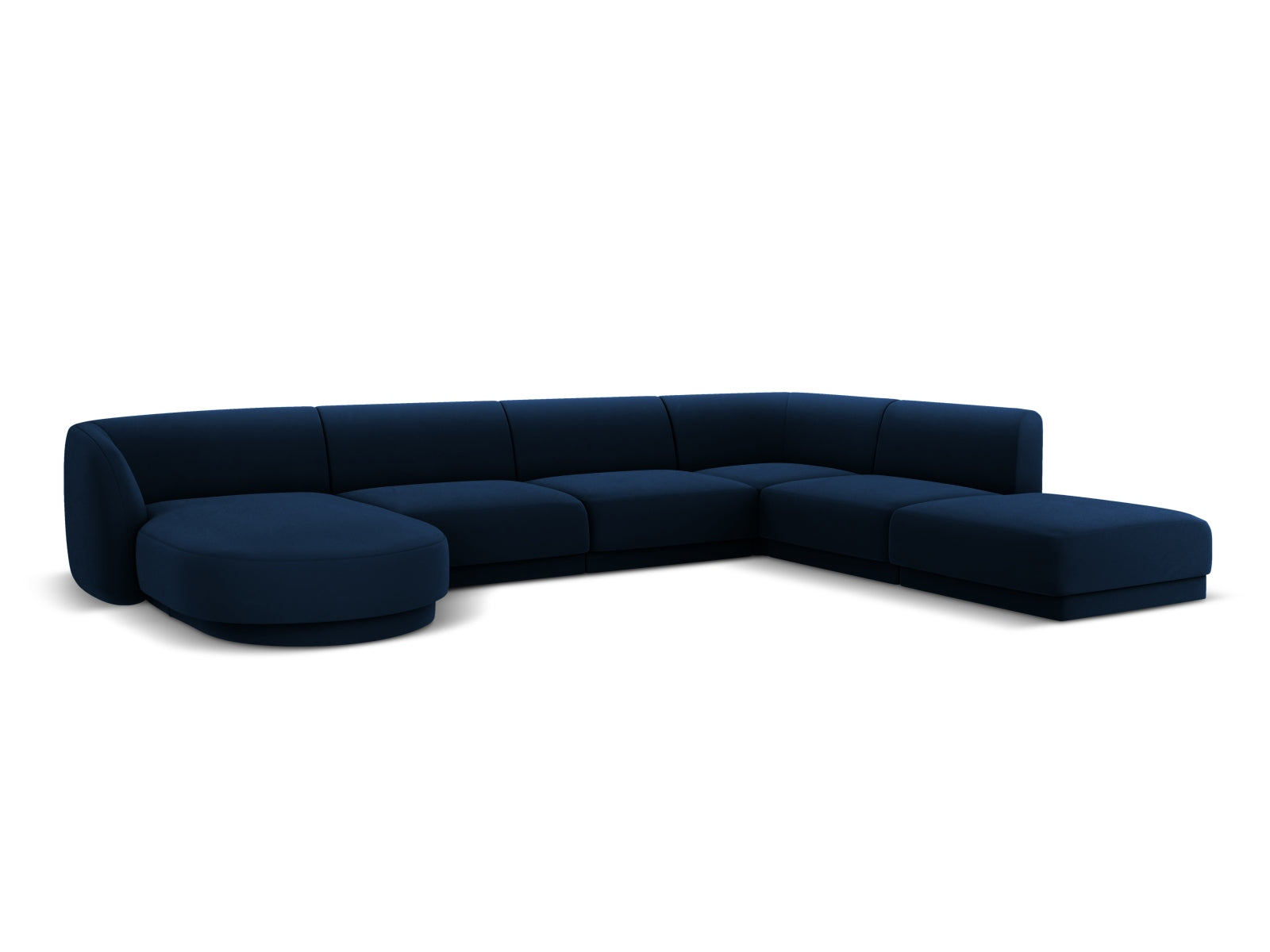 Luxuriöses Miley Velour Panoramic Ecksofa rechts in tiefem Royal Blue, perfekt für moderne Wohnzimmer und entspannte Zusammenkünfte.